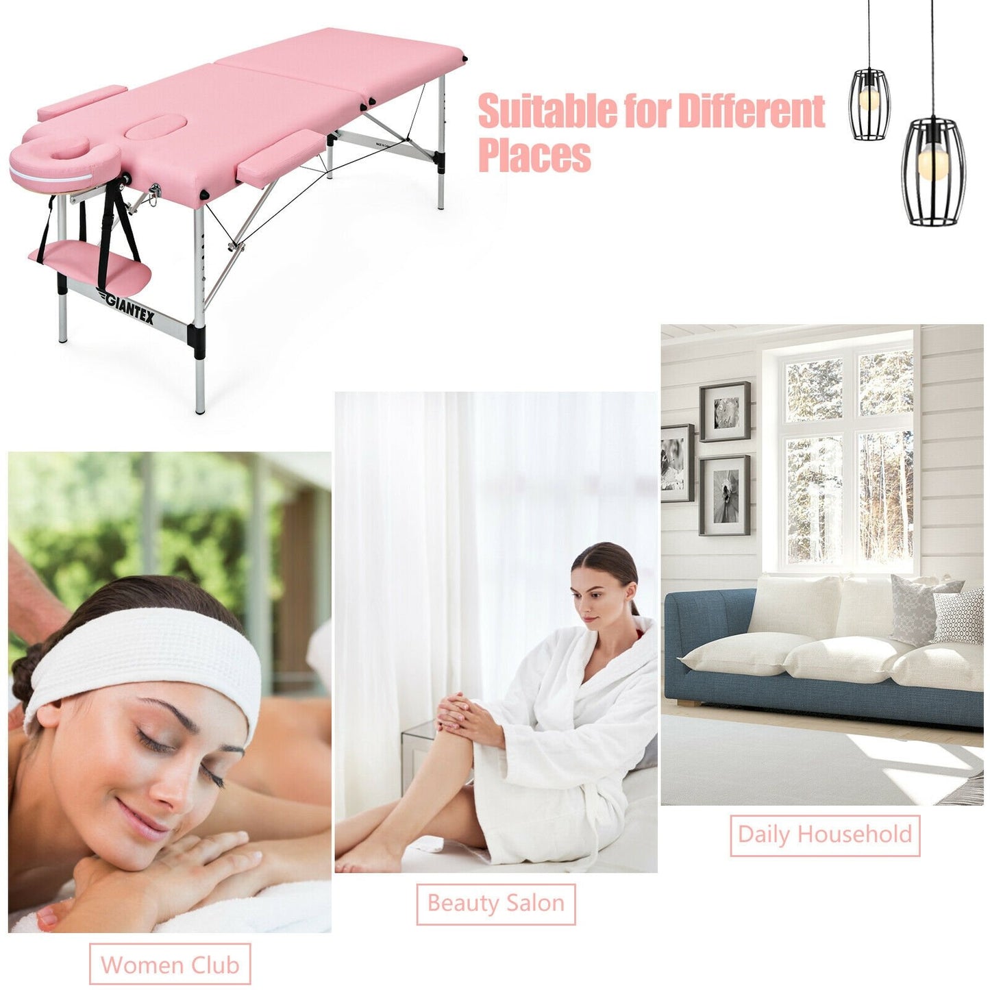 84 Inch L Portable Adjustable Massage Bed with Carry Case for Facial Salon Spa, Pink - Gallery Canada