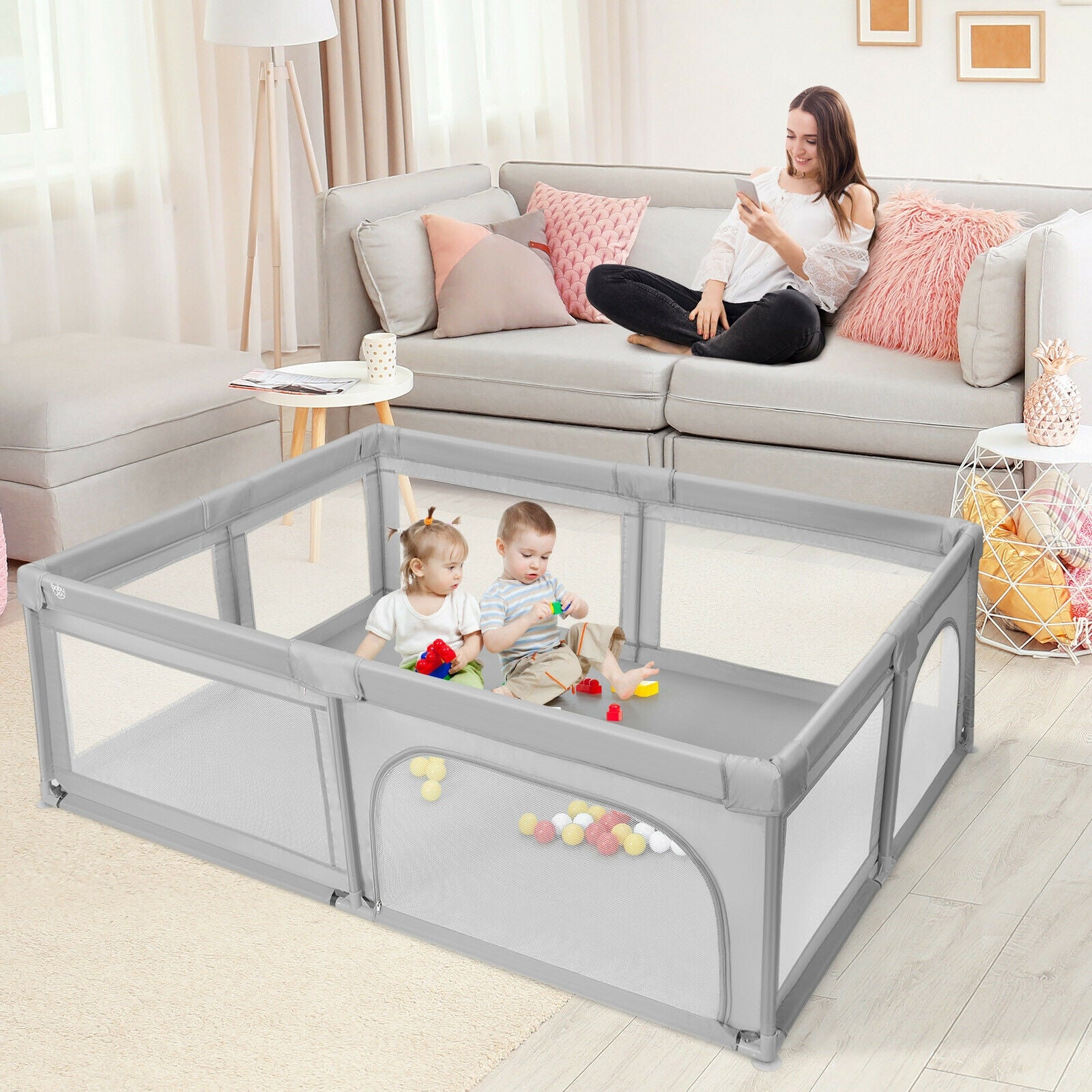 Extra-Large Safety Baby Fence with 50 Ocean Balls, Gray Baby Playpen & Playards at Gallery Canada