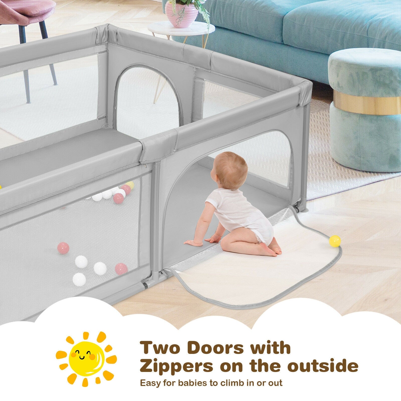Extra-Large Safety Baby Fence with 50 Ocean Balls, Gray Baby Playpen & Playards at Gallery Canada