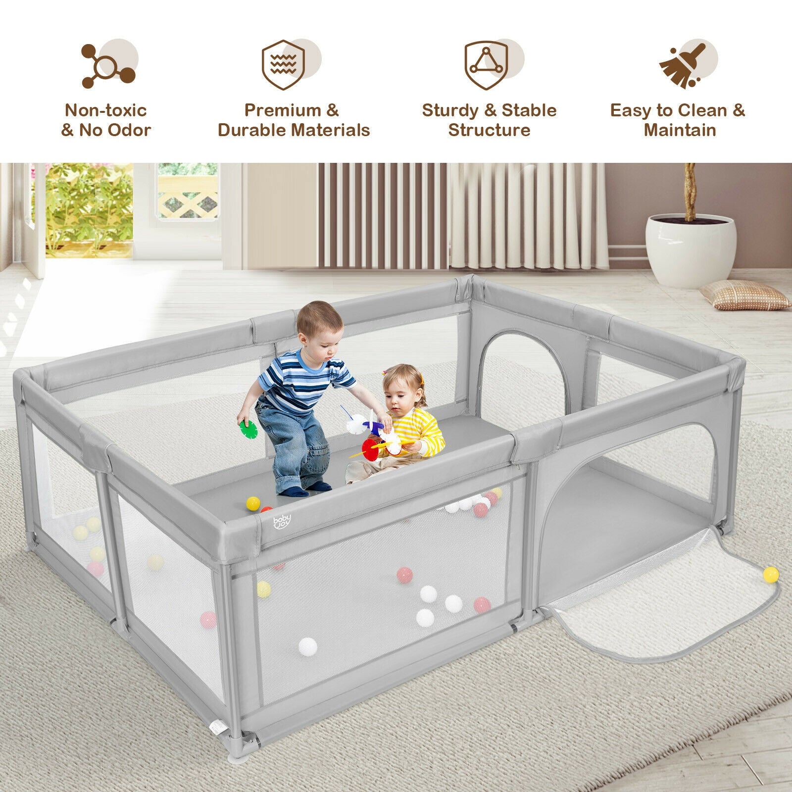 Extra-Large Safety Baby Fence with 50 Ocean Balls, Gray Baby Playpen & Playards at Gallery Canada