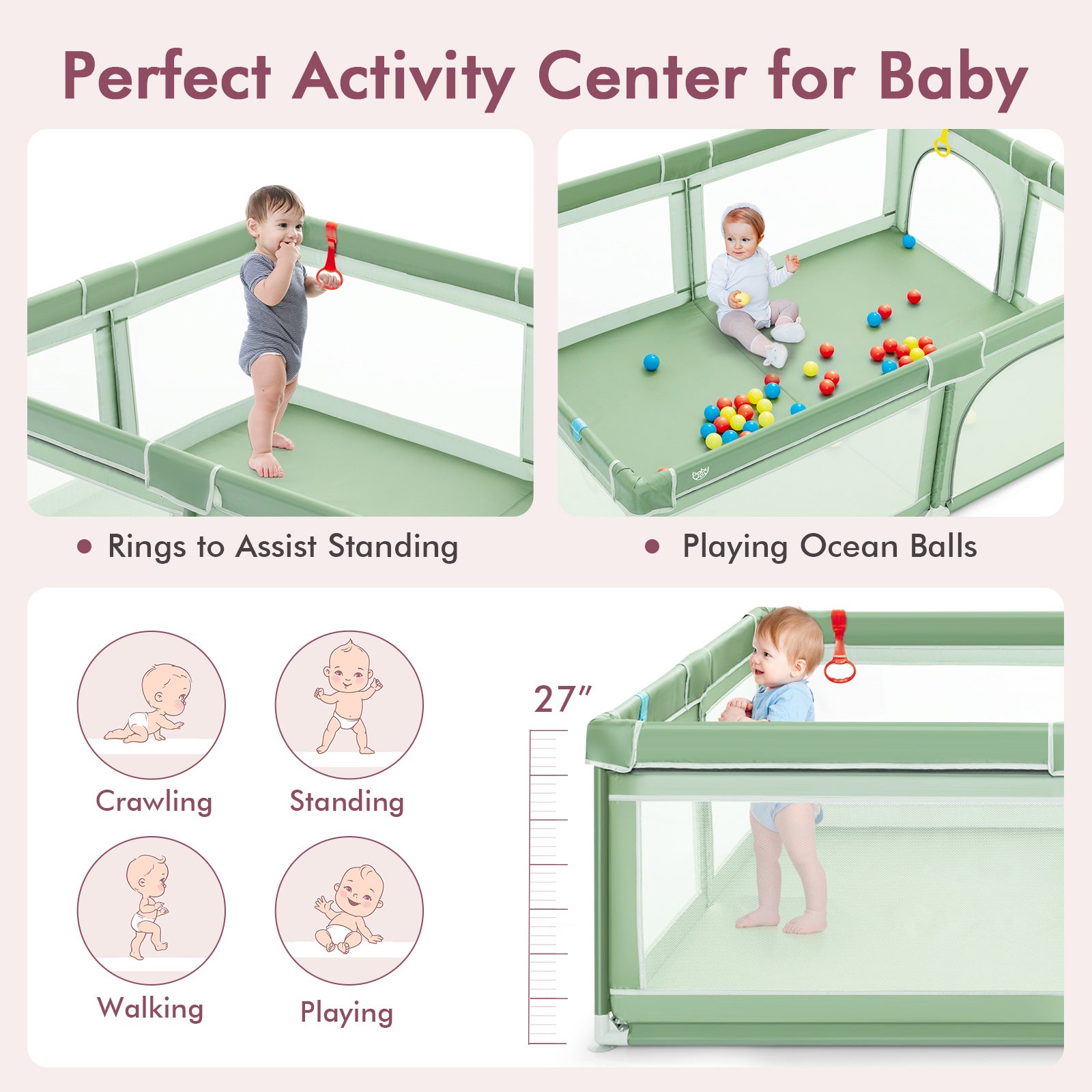 Extra-Large Safety Baby Fence with 50 Ocean Balls, Green Baby Playpen & Playards at Gallery Canada