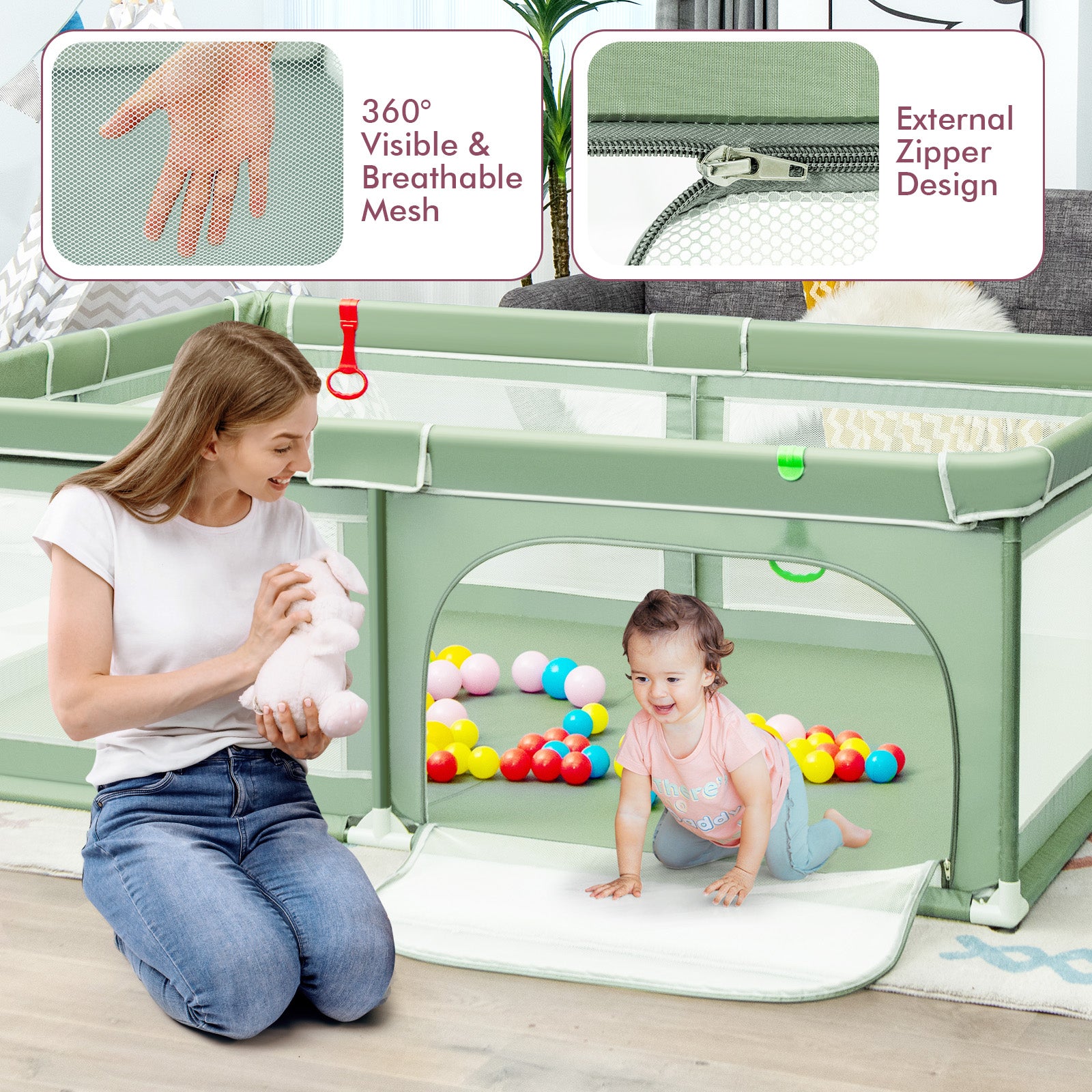 Extra-Large Safety Baby Fence with 50 Ocean Balls, Green Baby Playpen & Playards at Gallery Canada