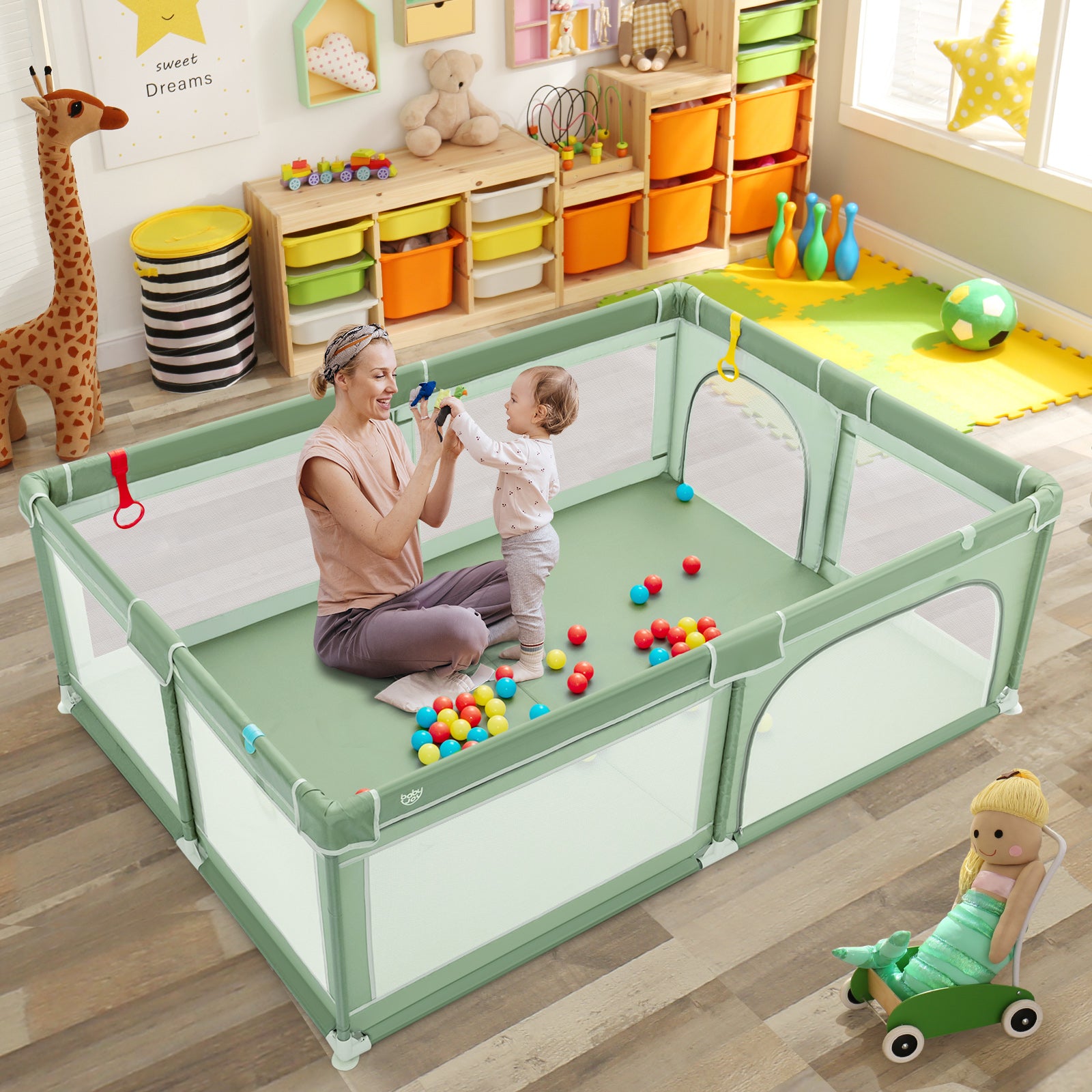 Extra-Large Safety Baby Fence with 50 Ocean Balls, Green Baby Playpen & Playards at Gallery Canada