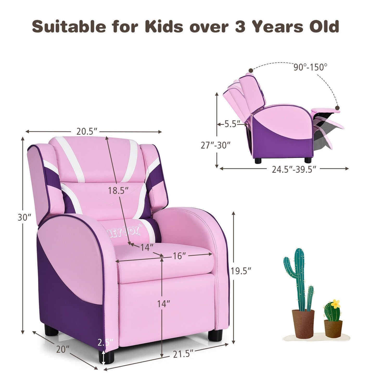 Kids Leather Recliner Chair with Side Pockets, Pink Kids Chairs & Seating   at Gallery Canada