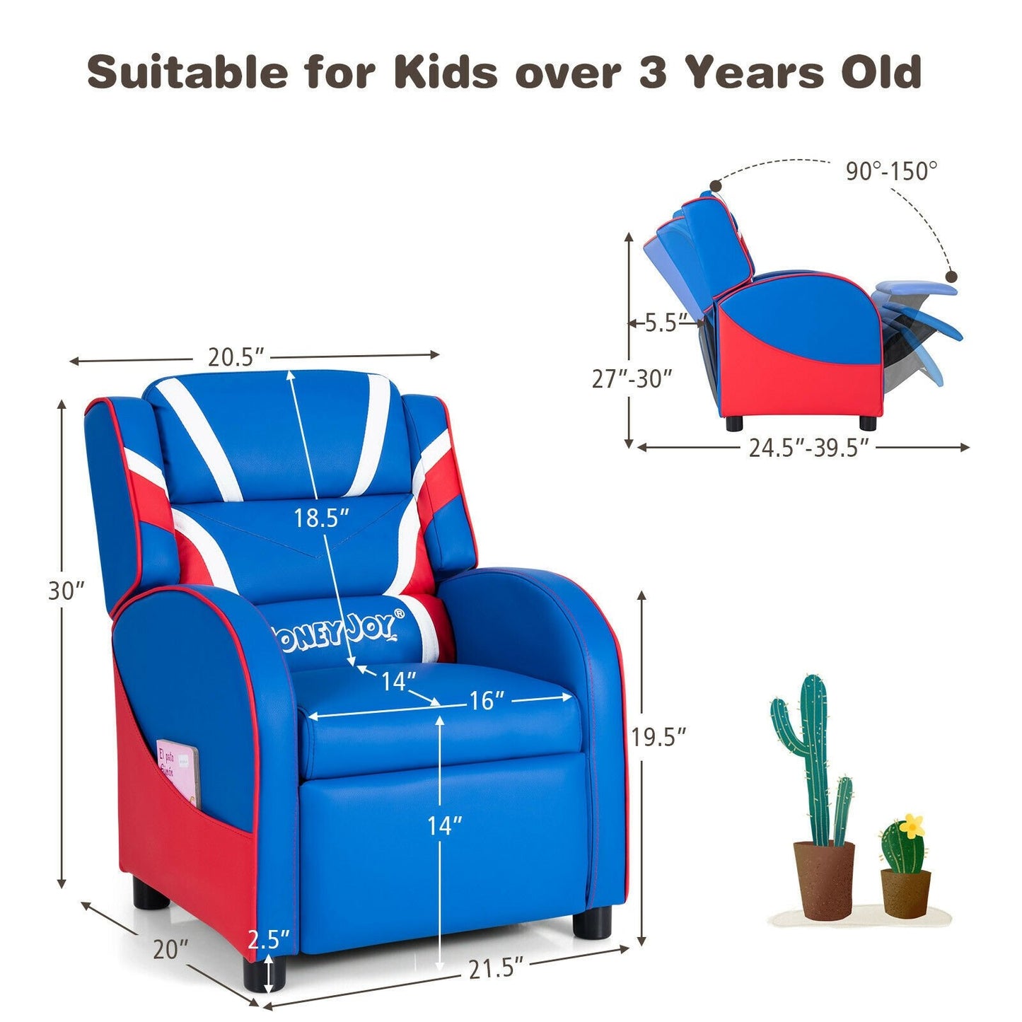 Kids Leather Recliner Chair with Side Pockets, Blue Kids Chairs & Seating   at Gallery Canada