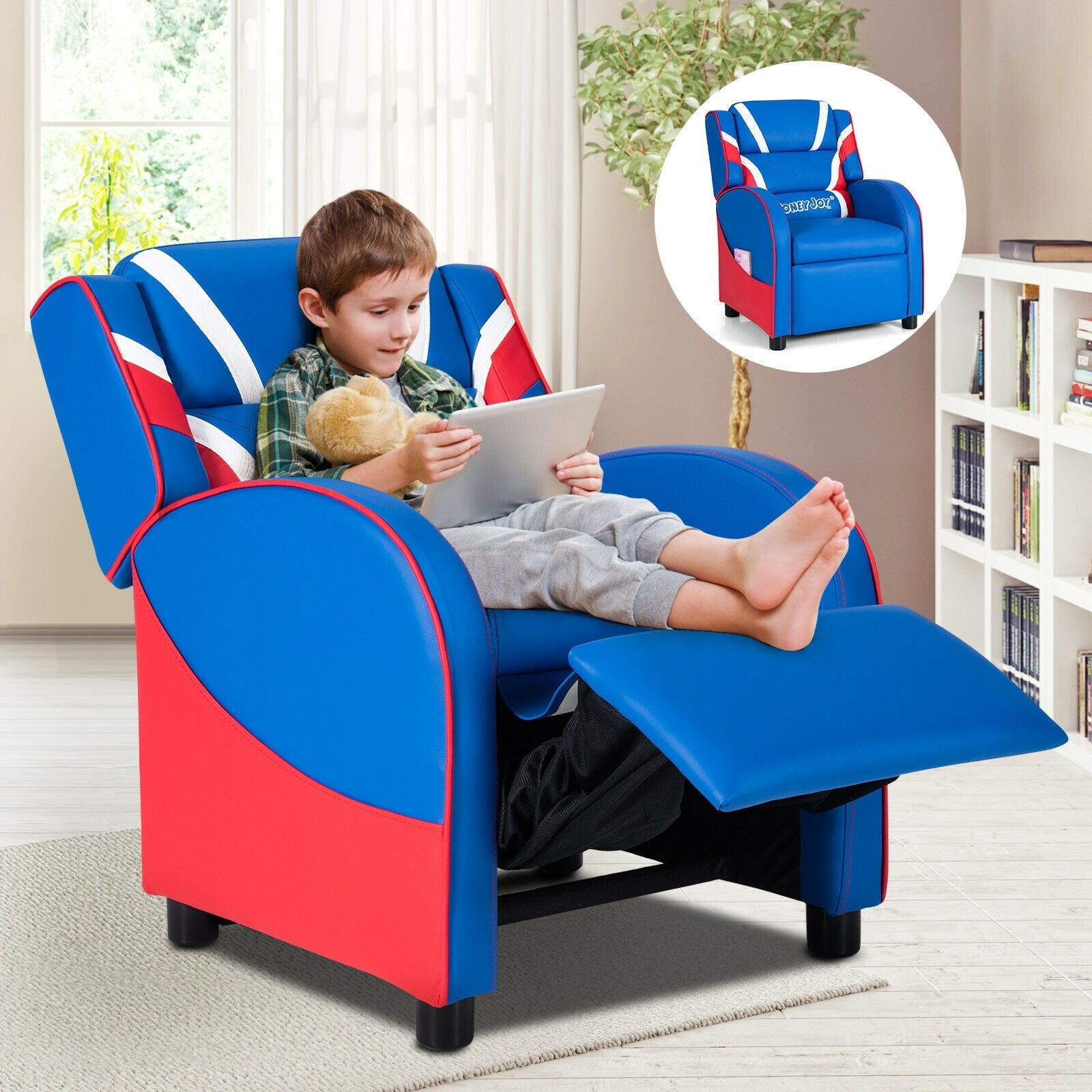 Kids Leather Recliner Chair with Side Pockets, Blue - Gallery Canada