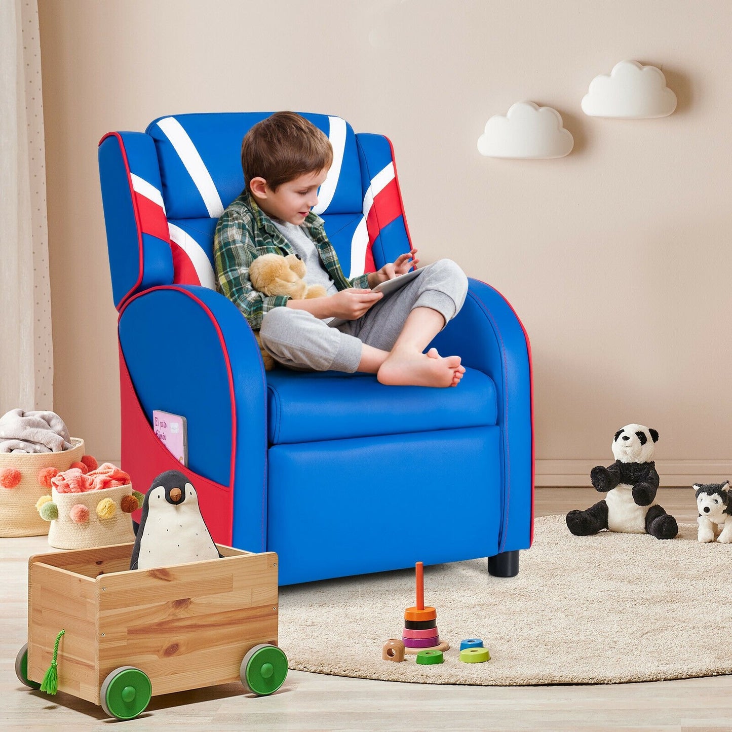 Kids Leather Recliner Chair with Side Pockets, Blue - Gallery Canada