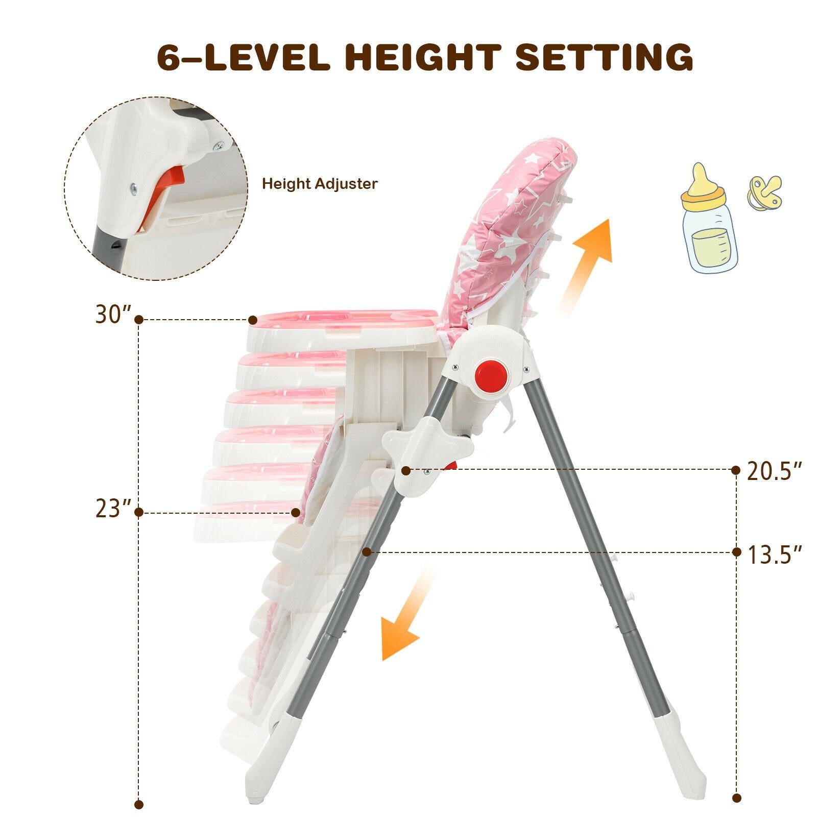 Folding Baby High Dining Chair with 6-Level Height Adjustment, Pink High Chairs   at Gallery Canada