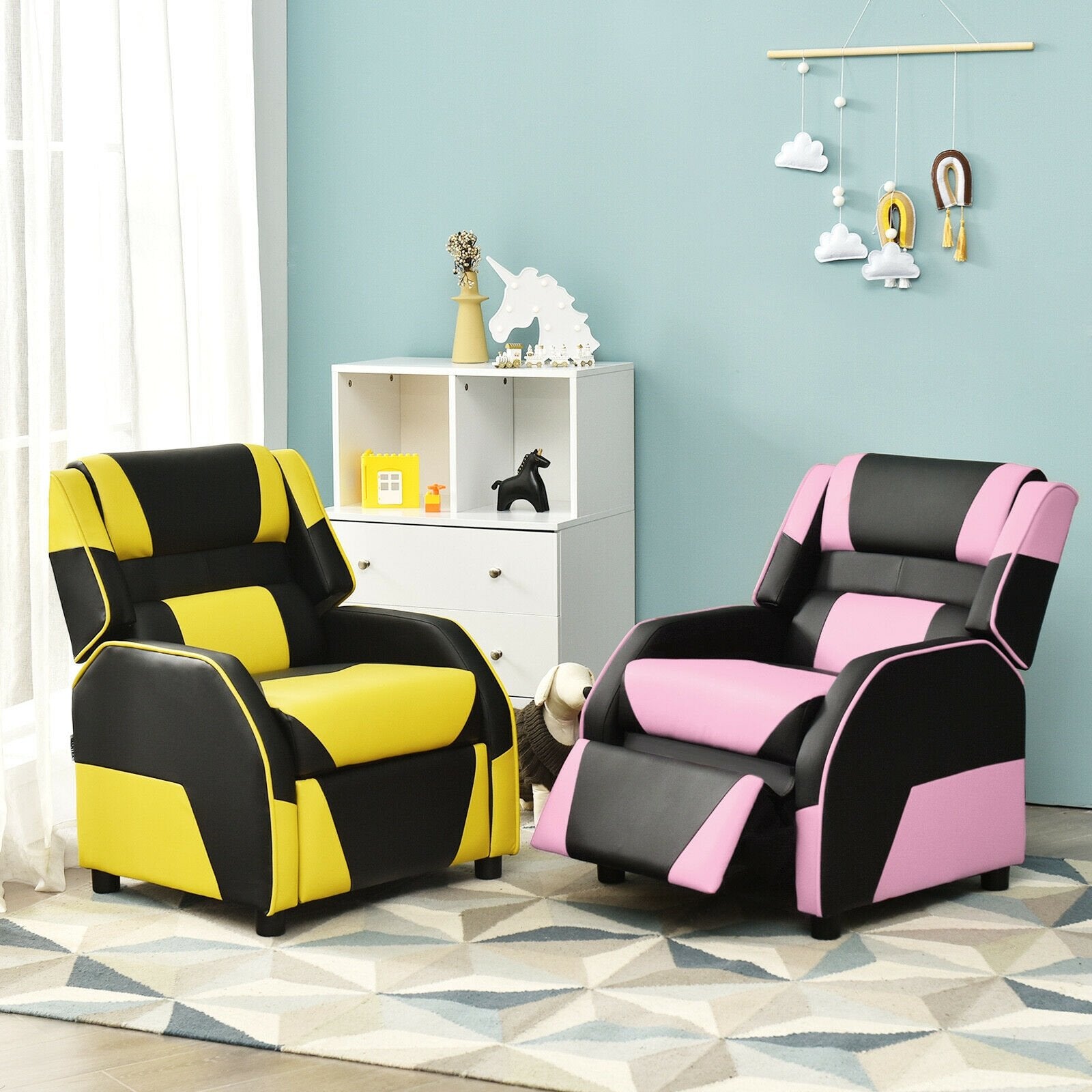 Kids Youth PU Leather Gaming Sofa Recliner with Headrest and Footrest, Pink Kids Chairs & Seating   at Gallery Canada