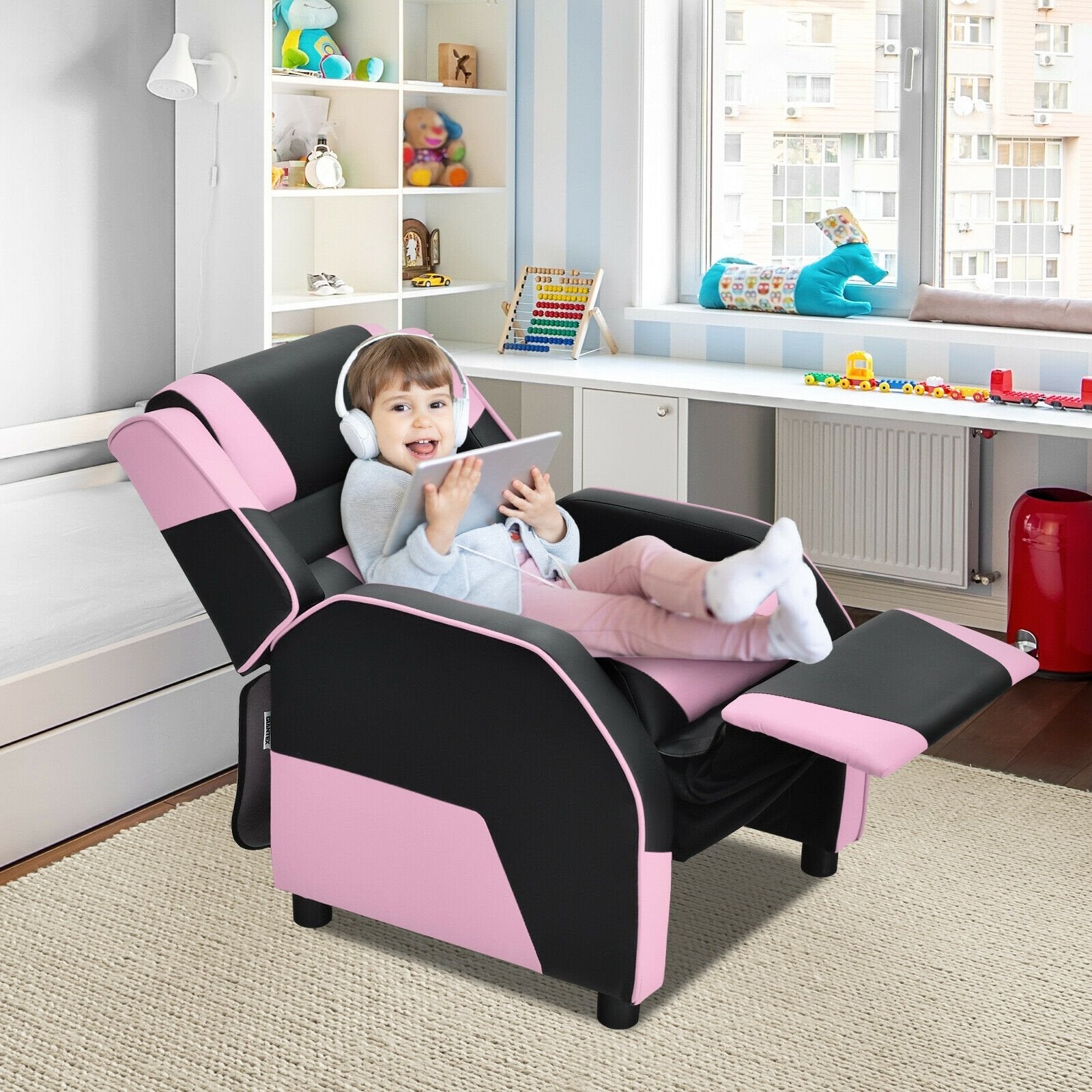 Kids Youth PU Leather Gaming Sofa Recliner with Headrest and Footrest, Pink Kids Chairs & Seating   at Gallery Canada