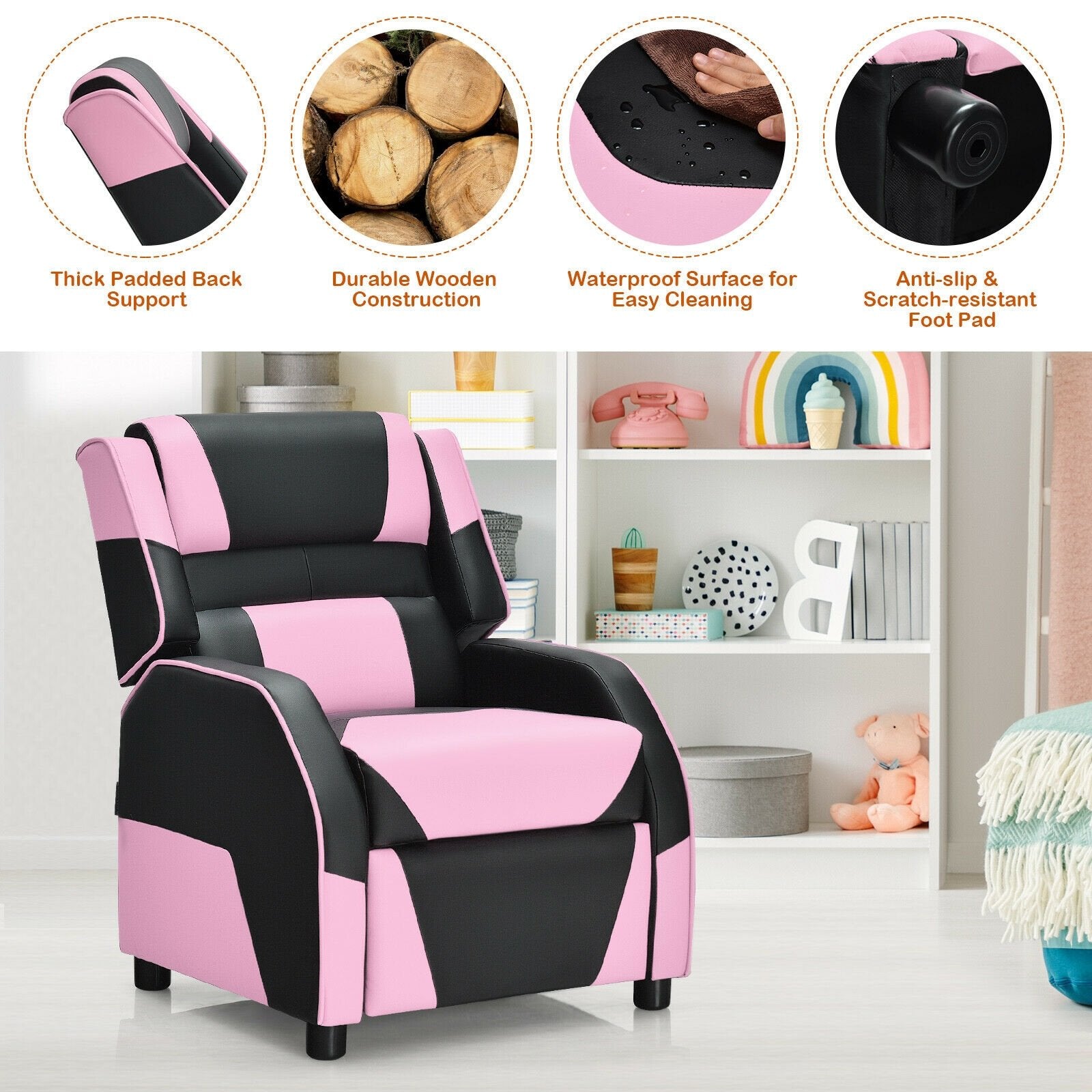 Kids Youth PU Leather Gaming Sofa Recliner with Headrest and Footrest, Pink Kids Chairs & Seating   at Gallery Canada