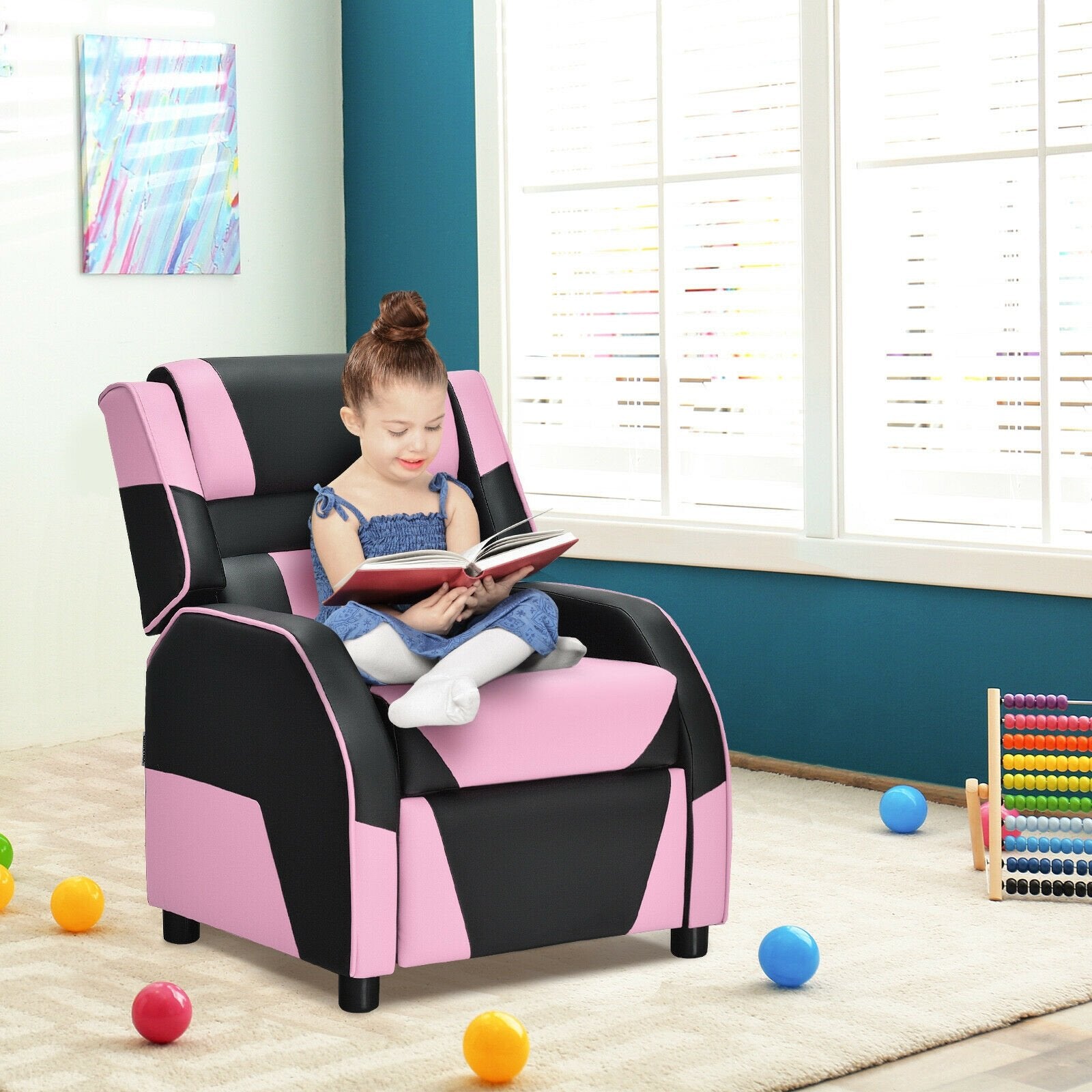 Kids Youth PU Leather Gaming Sofa Recliner with Headrest and Footrest, Pink Kids Chairs & Seating   at Gallery Canada