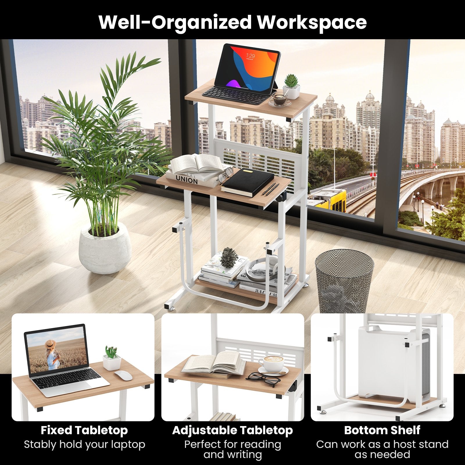 Standing Desk for Small Space Sit Stand Desk with Height Adjustable Desktop, Brown & White Laptop Tables & Printer Stands   at Gallery Canada