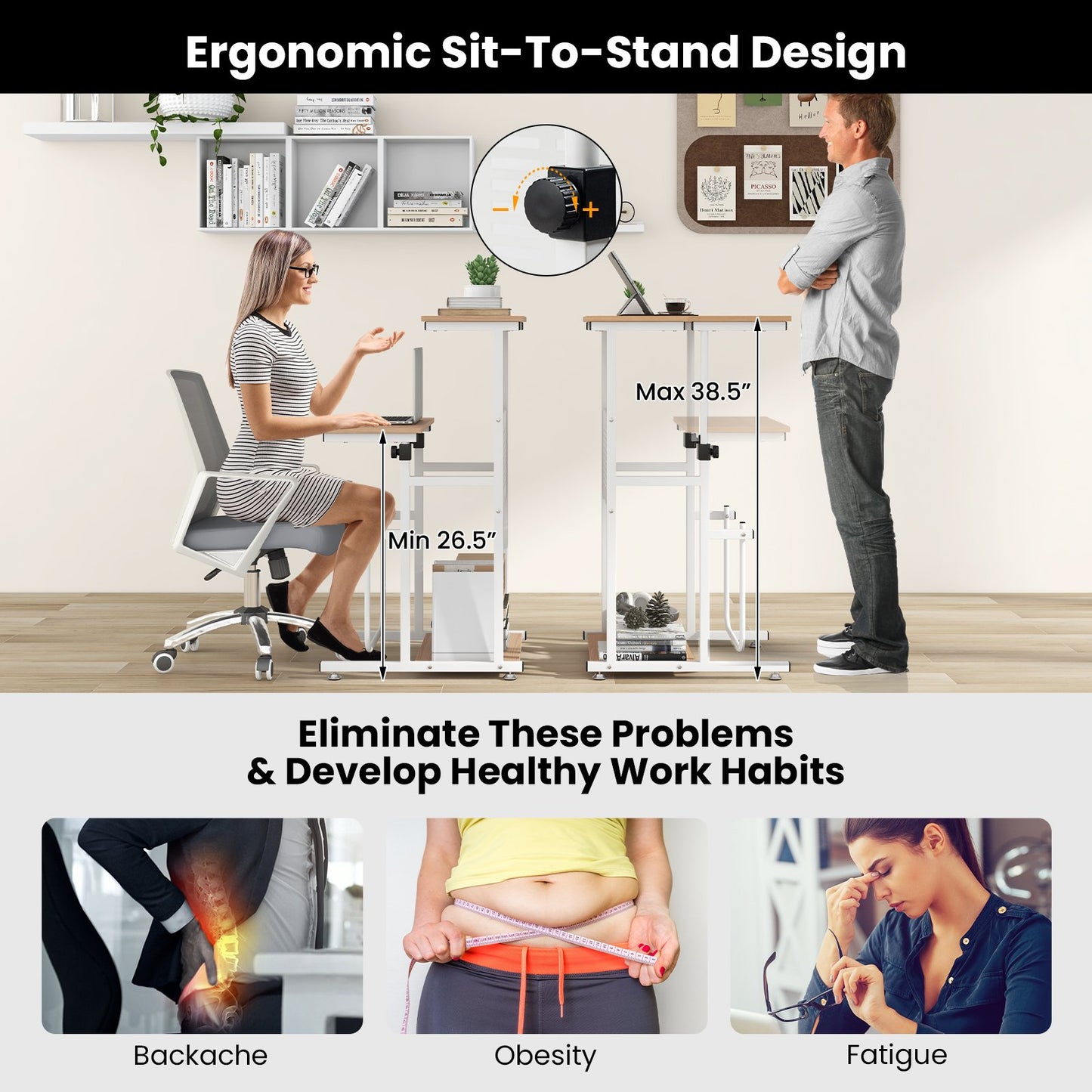 Standing Desk for Small Space Sit Stand Desk with Height Adjustable Desktop, Brown & White Laptop Tables & Printer Stands   at Gallery Canada