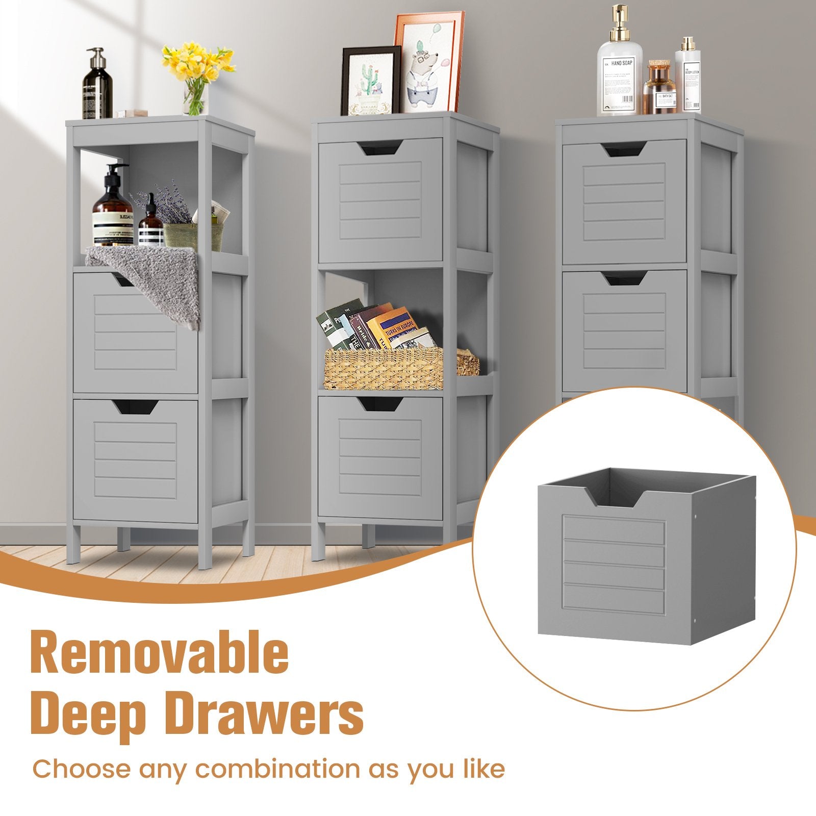 Bathroom Wooden Floor Cabinet Multifunction Storage Rack Stand Organizer, Gray Floor Cabinets   at Gallery Canada