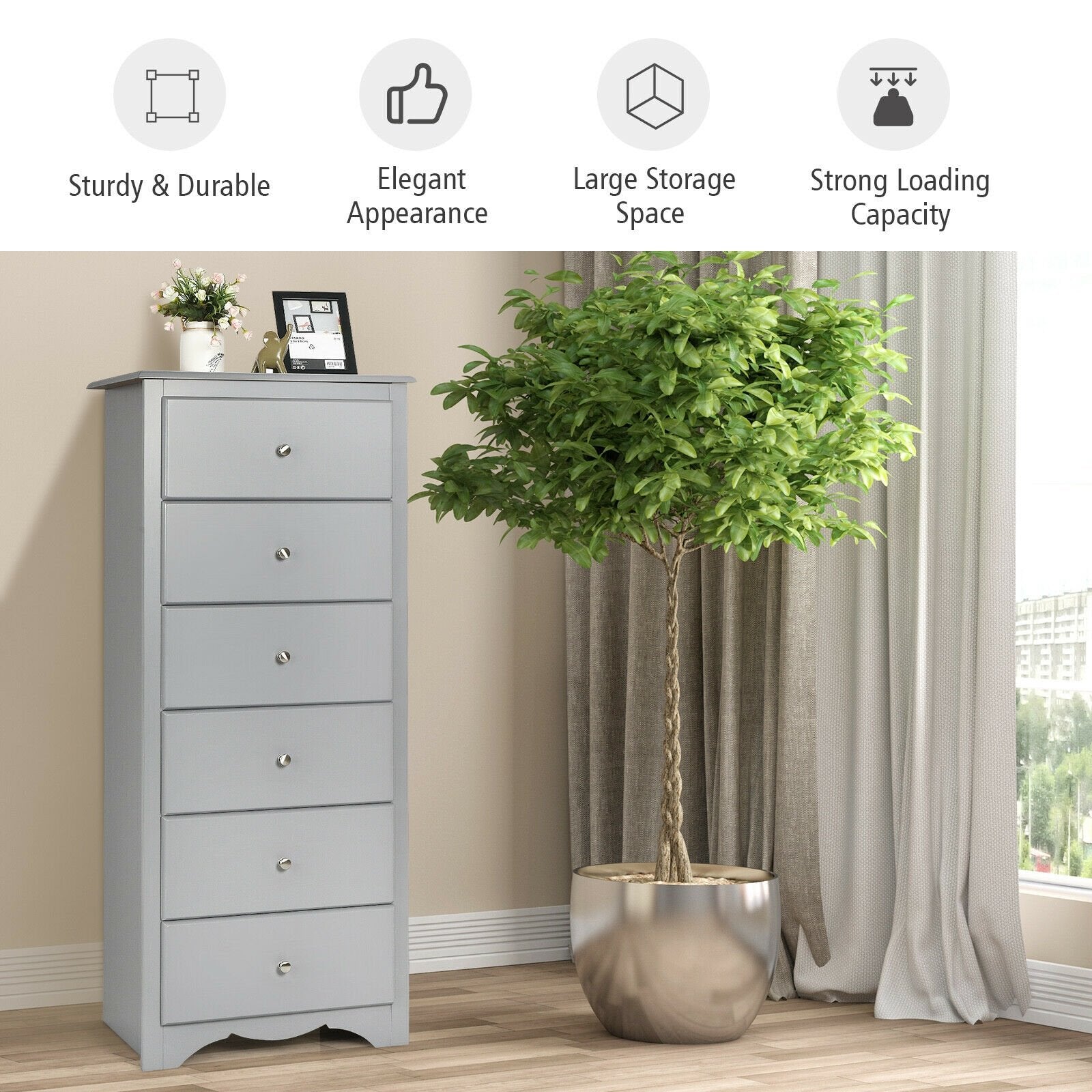 6 Drawers Chest Dresser Clothes Storage Bedroom Furniture Cabinet, Gray Dressers & Chests   at Gallery Canada