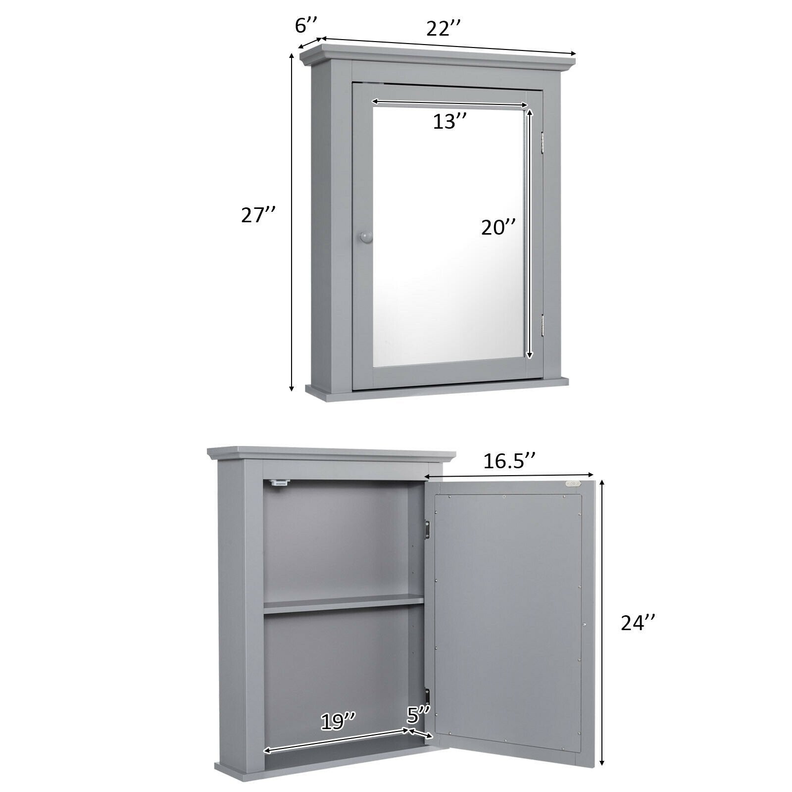 Bathroom Mirror Cabinet Wall Mounted Adjustable Shelf Medicine Storage, Gray Wall Cabinets   at Gallery Canada