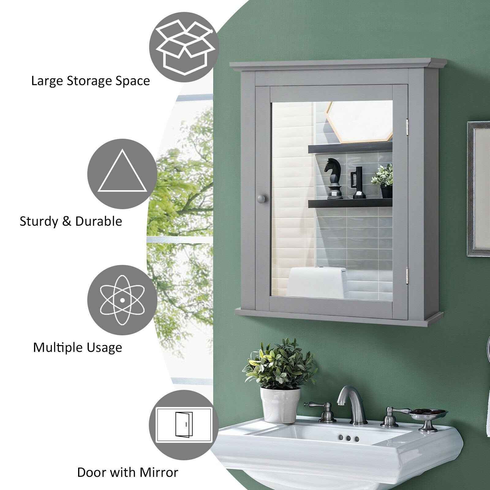 Bathroom Mirror Cabinet Wall Mounted Adjustable Shelf Medicine Storage, Gray Wall Cabinets   at Gallery Canada