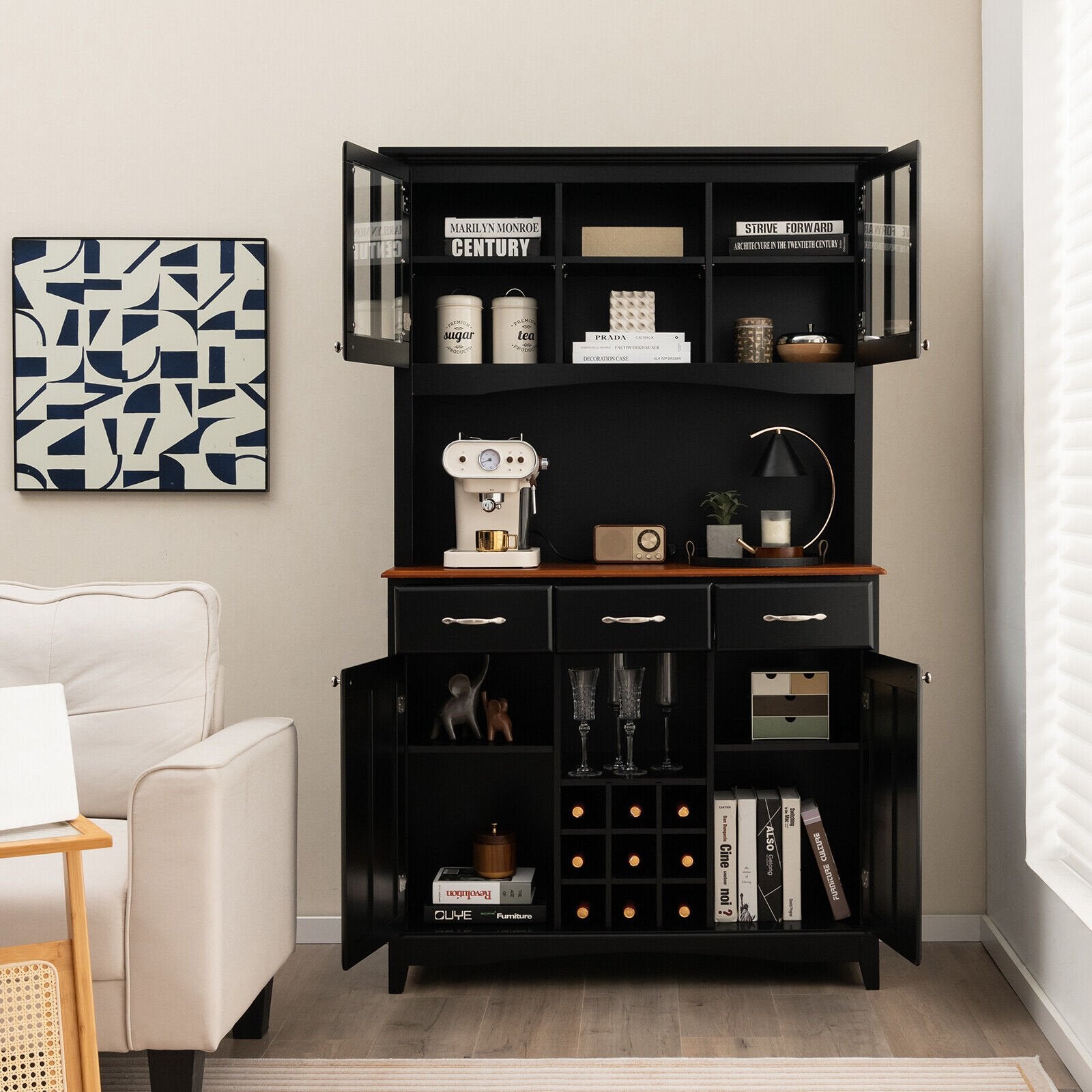 Kitchen Storage Cabinet Cupboard with Wine Rack and Drawers, Black Sideboards Cabinets & Buffets   at Gallery Canada