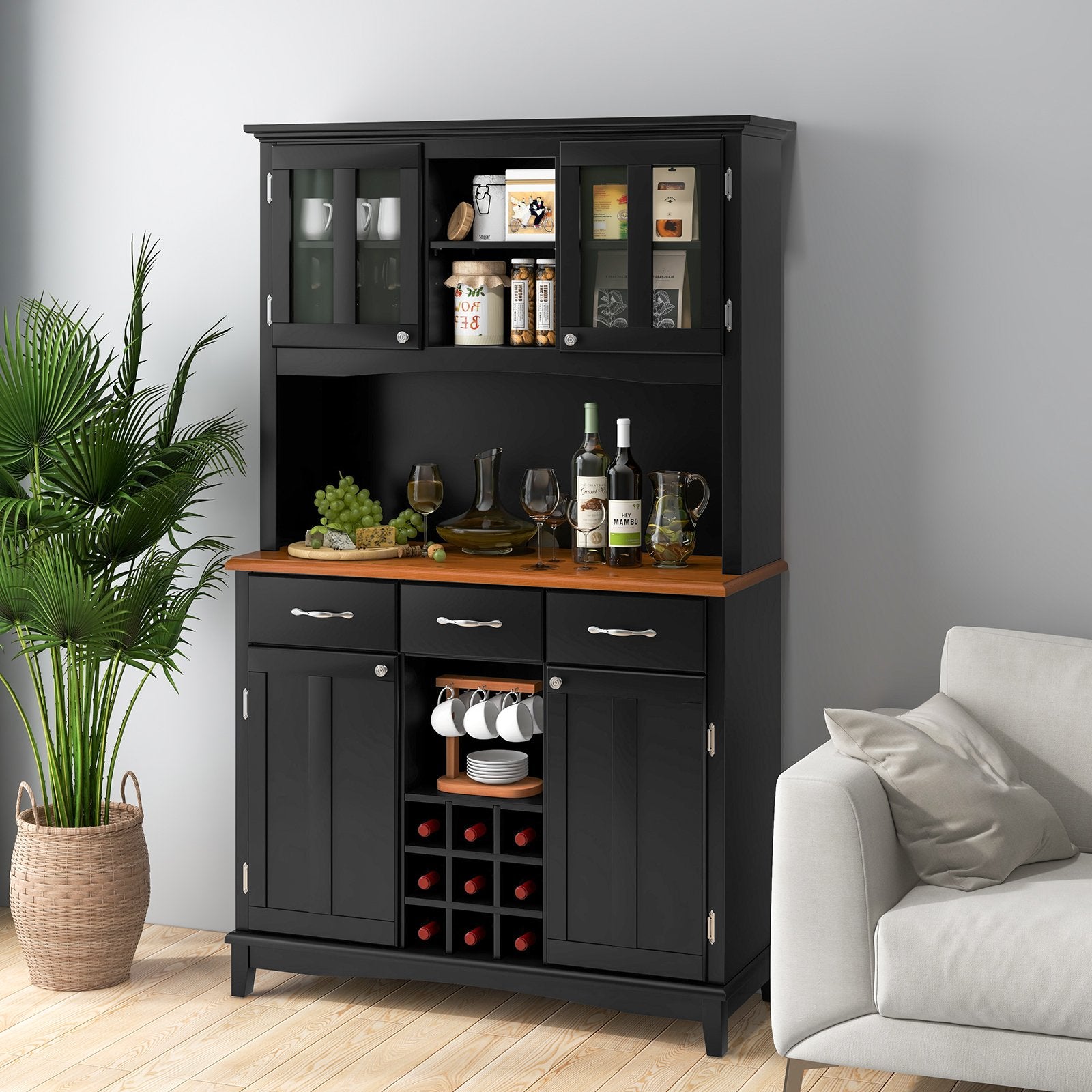 Kitchen Storage Cabinet Cupboard with Wine Rack and Drawers, Black Sideboards Cabinets & Buffets   at Gallery Canada