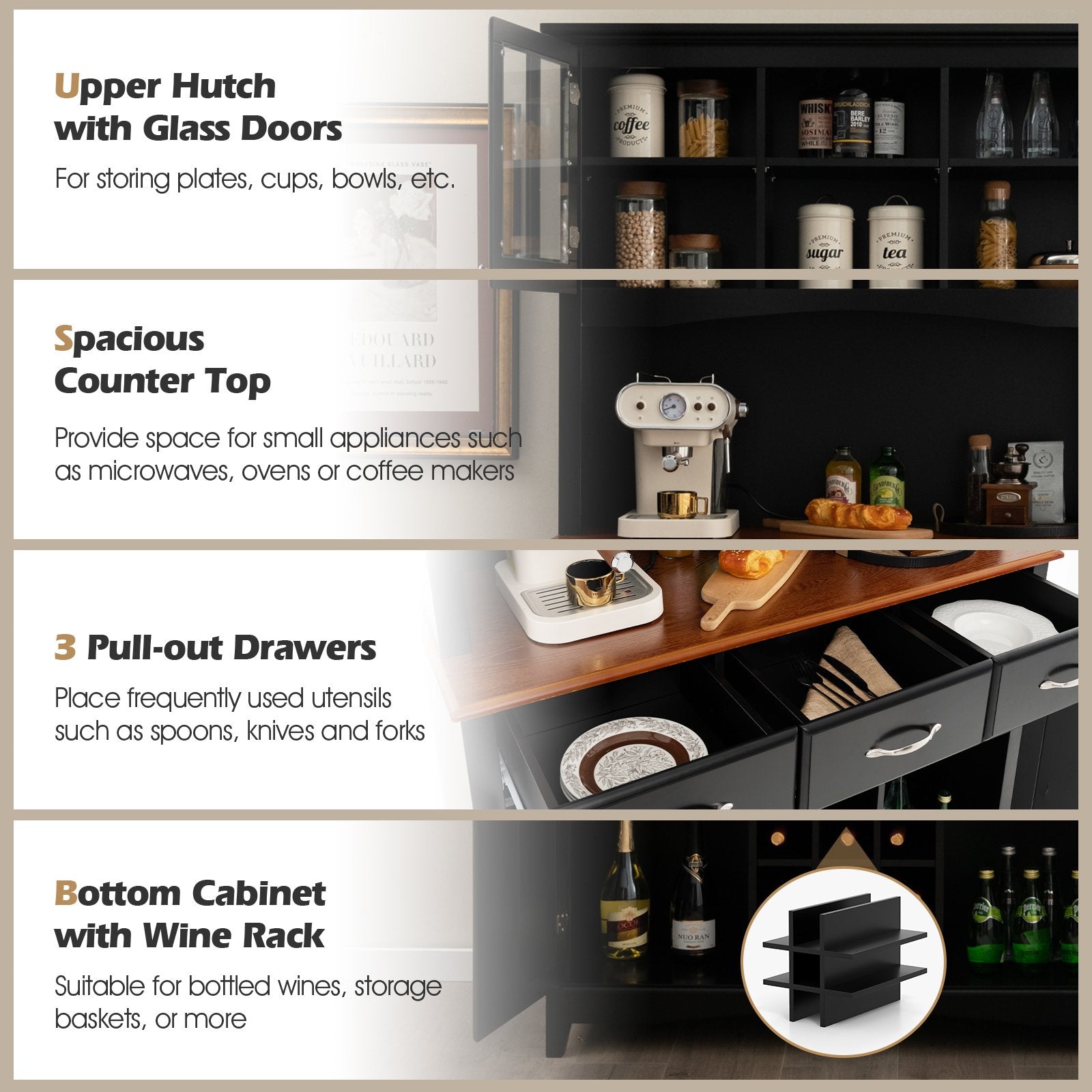 Kitchen Storage Cabinet Cupboard with Wine Rack and Drawers, Black Sideboards Cabinets & Buffets   at Gallery Canada