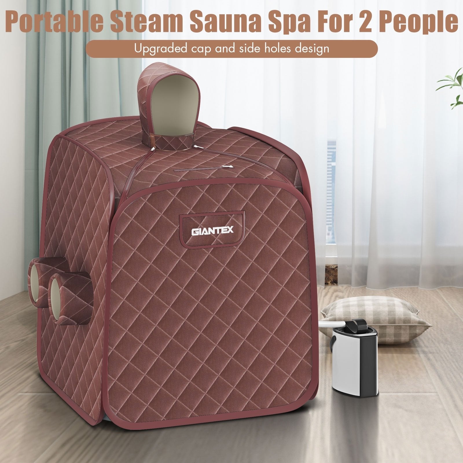 800W 2 Person Portable Steam Sauna Tent SPA with Hat Side Holes 3L Steamer, Brown - Gallery Canada