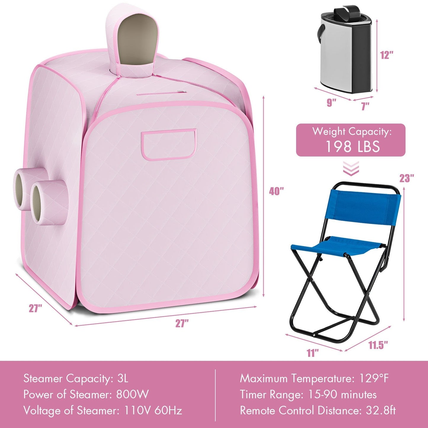 800W 2 Person Portable Steam Sauna Tent SPA with Hat Side Holes 3L Steamer, Pink Spa & Salon   at Gallery Canada