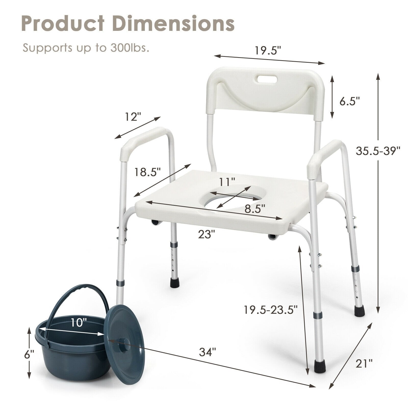 3-in-1 Bedside Commode Portable Toilet with Adjustable Height, White Bath Safety   at Gallery Canada