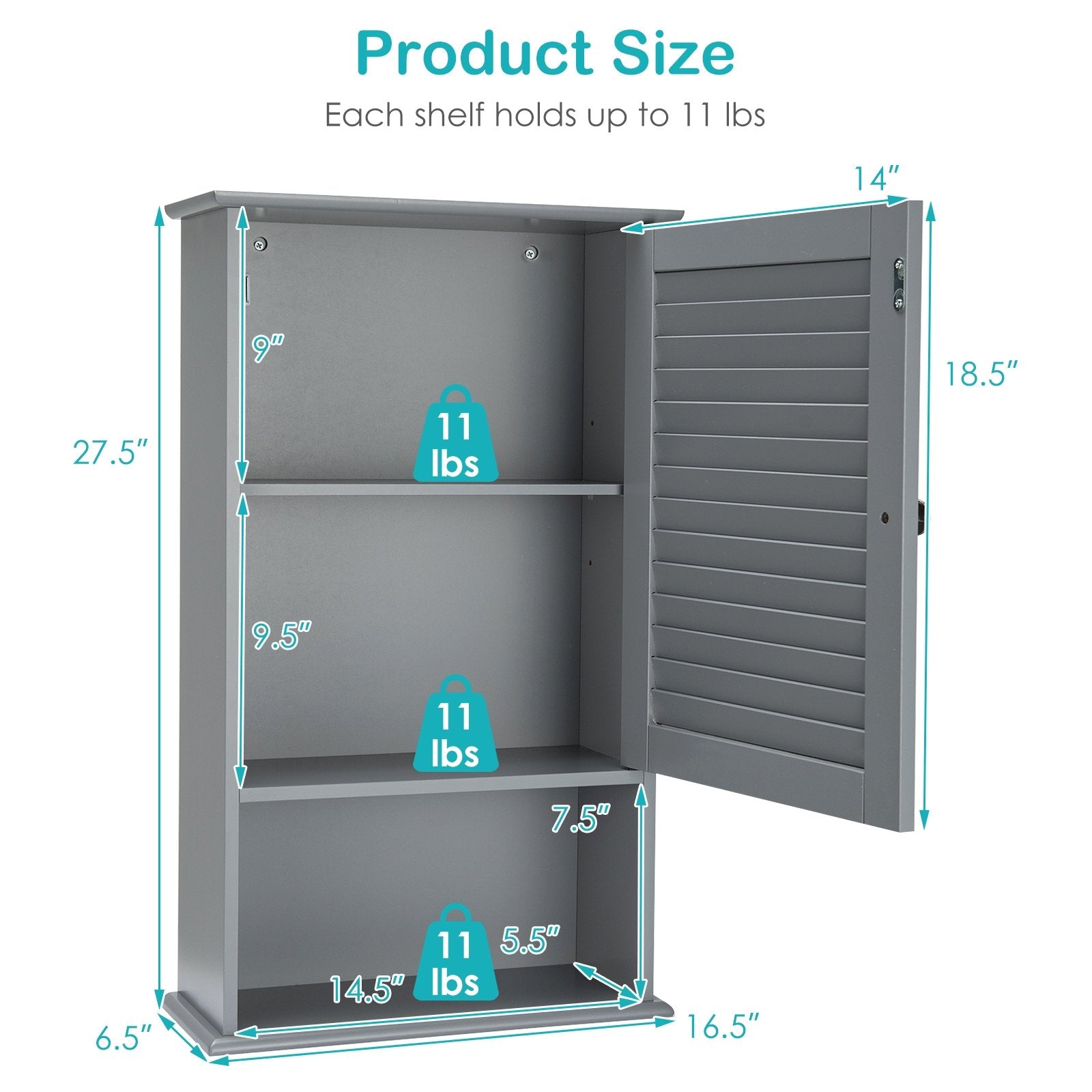 Bathroom Wall Mount Storage Cabinet Single Door with Height Adjustable Shelf, Gray Wall Cabinets   at Gallery Canada