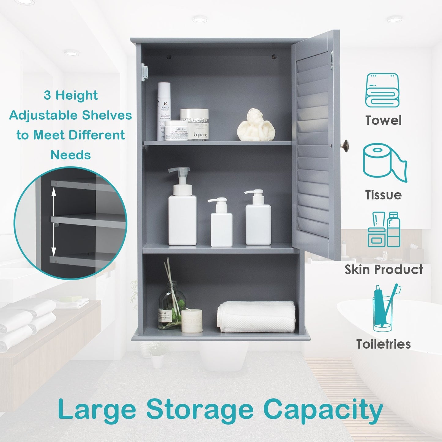 Bathroom Wall Mount Storage Cabinet Single Door with Height Adjustable Shelf, Gray Wall Cabinets   at Gallery Canada