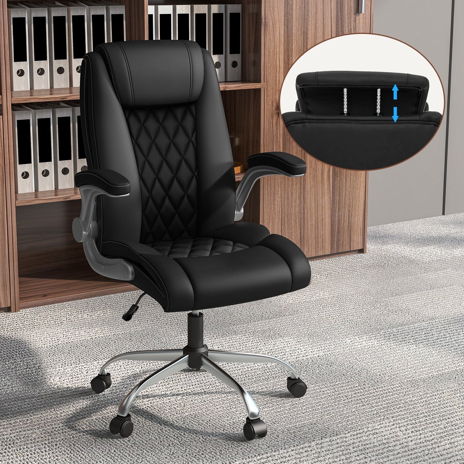 Modern Height Adjustable PU Leather Office Chair with Rocking Function, Black Executive Chairs   at Gallery Canada