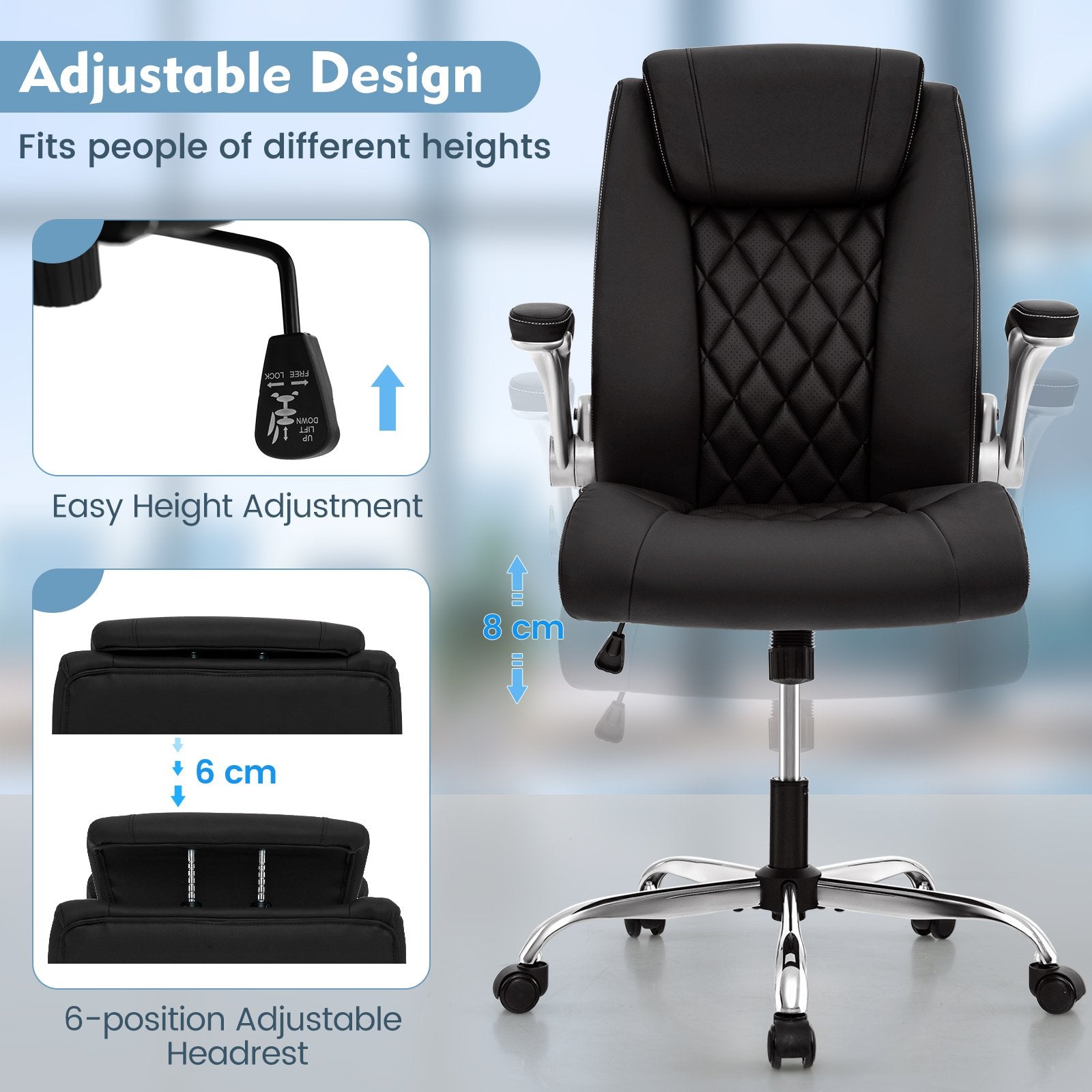 Modern Height Adjustable PU Leather Office Chair with Rocking Function, Black Executive Chairs   at Gallery Canada