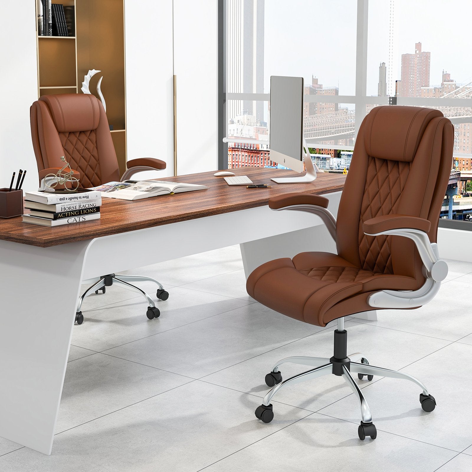 Modern Height Adjustable PU Leather Office Chair with Rocking Function, Brown Executive Chairs   at Gallery Canada