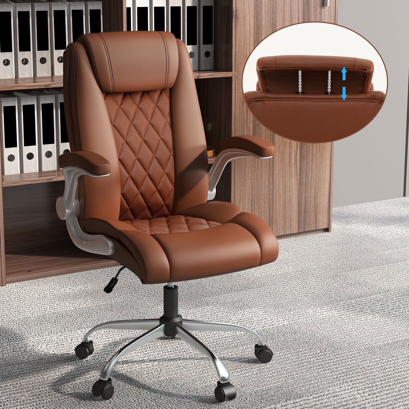 Modern Height Adjustable PU Leather Office Chair with Rocking Function, Brown Executive Chairs   at Gallery Canada