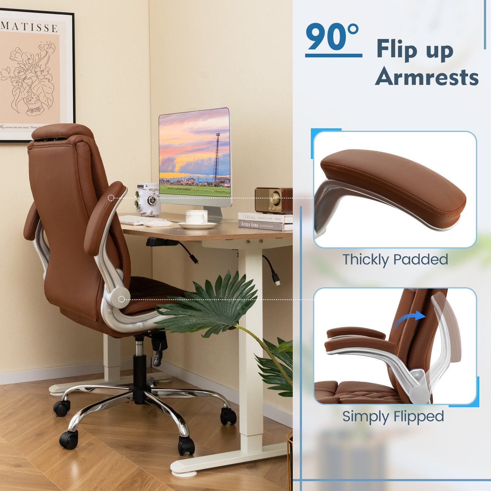 Modern Height Adjustable PU Leather Office Chair with Rocking Function, Brown Executive Chairs   at Gallery Canada