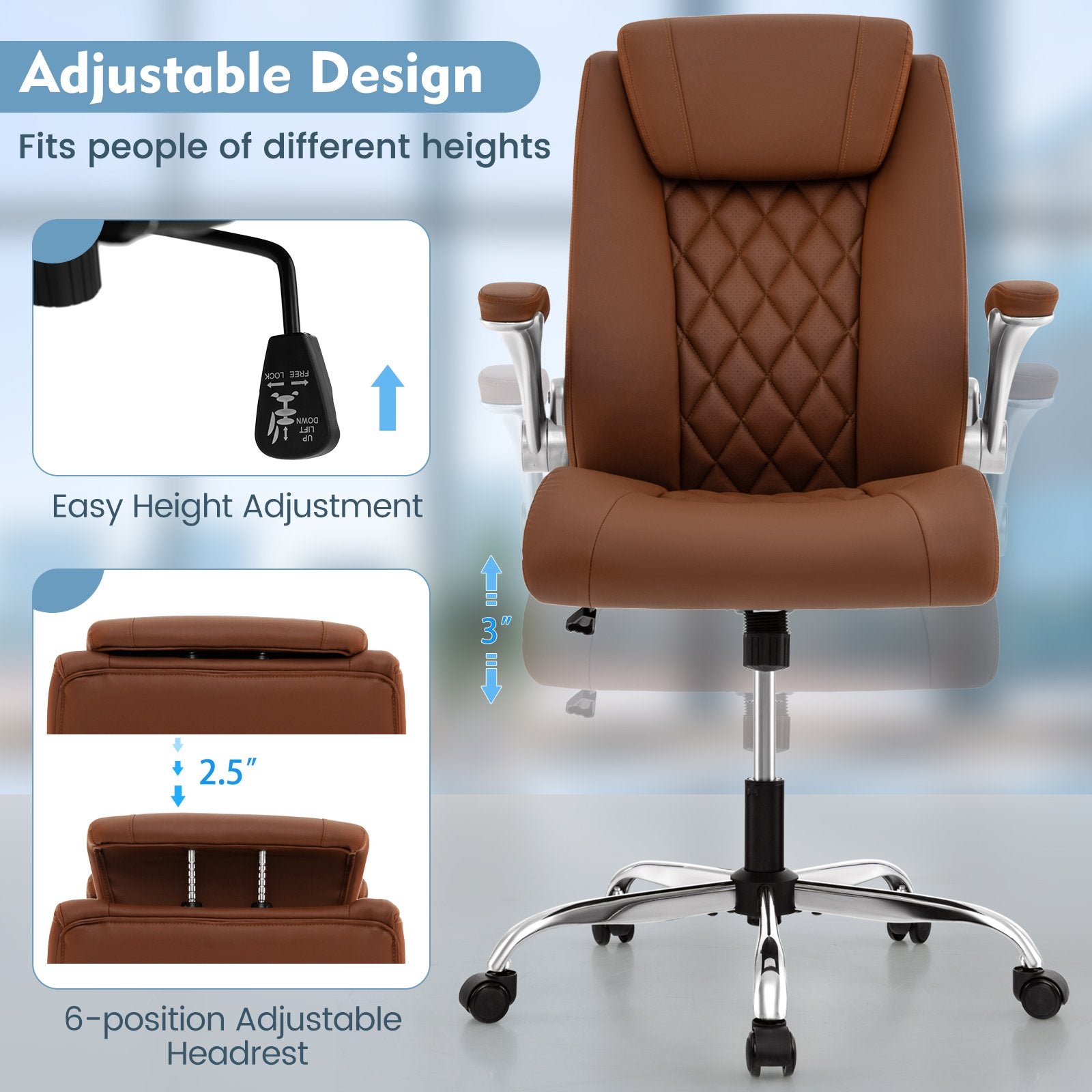 Modern Height Adjustable PU Leather Office Chair with Rocking Function, Brown Executive Chairs   at Gallery Canada