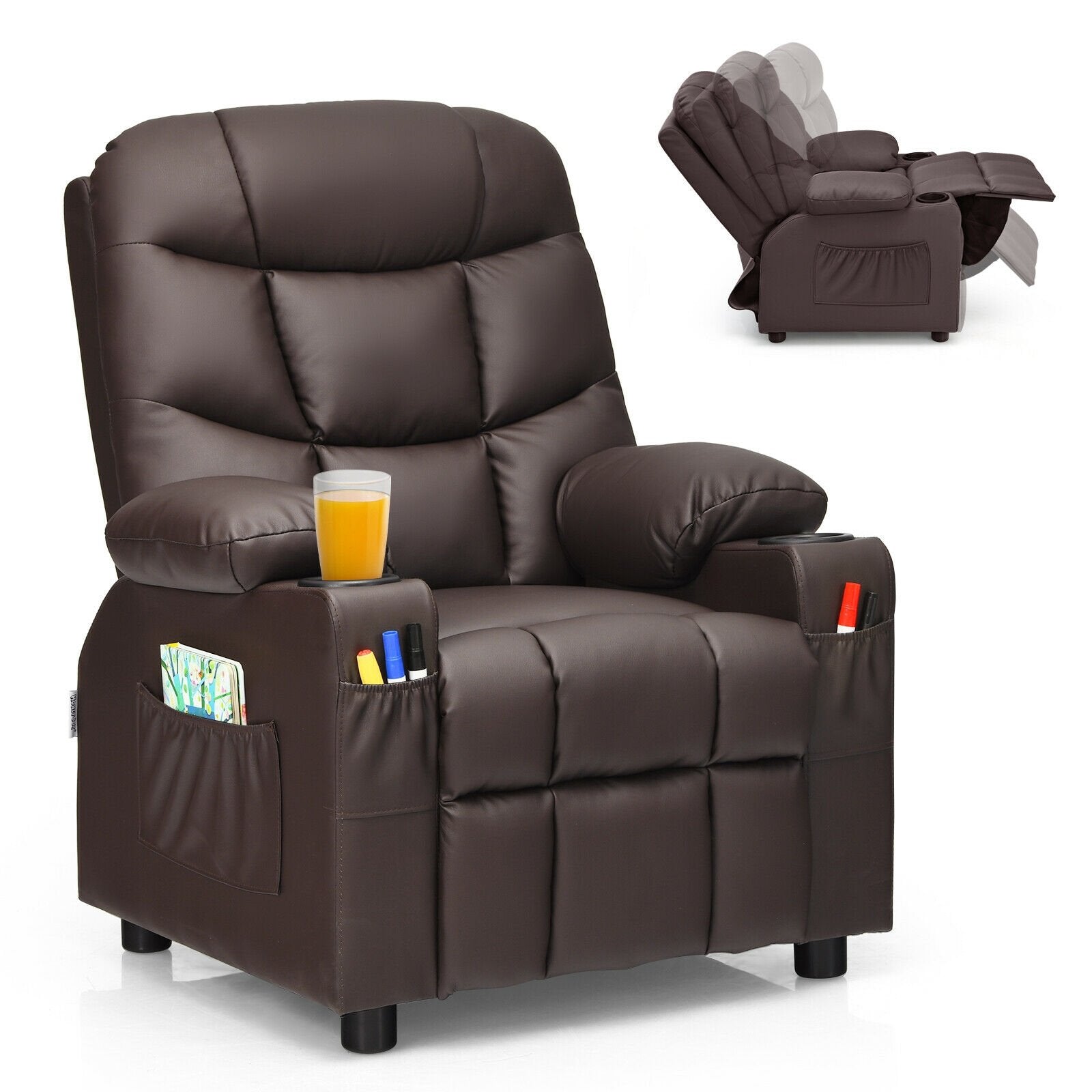 Kids Recliner Chair with Cup Holder and Footrest for Children, Brown Kids Chairs & Seating   at Gallery Canada