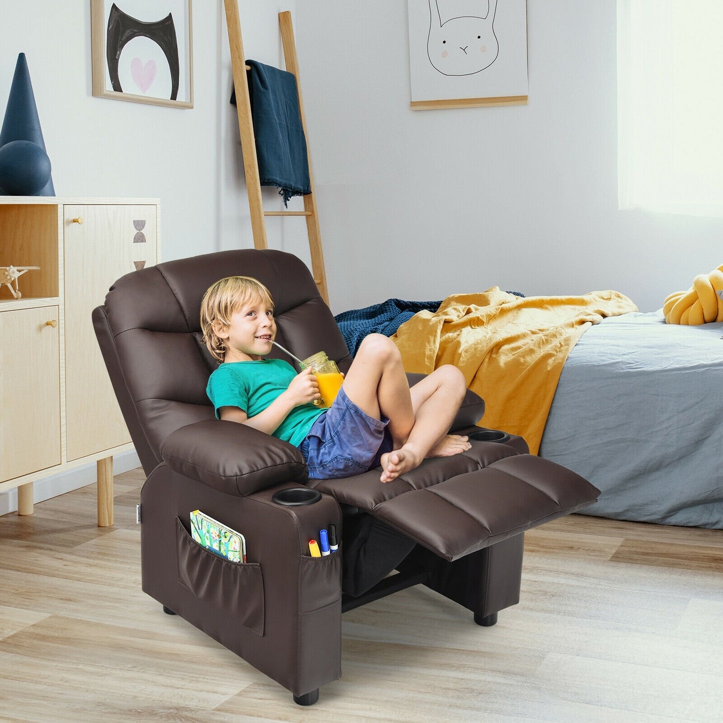 Kids Recliner Chair with Cup Holder and Footrest for Children, Brown Kids Chairs & Seating   at Gallery Canada