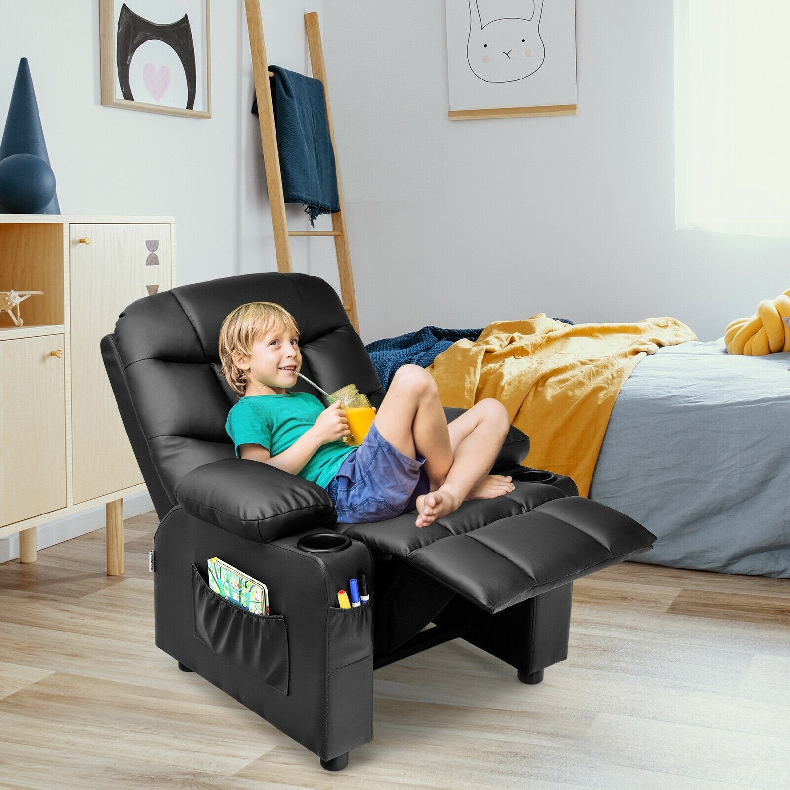 Kids Recliner Chair with Cup Holder and Footrest for Children, Black Kids Chairs & Seating   at Gallery Canada