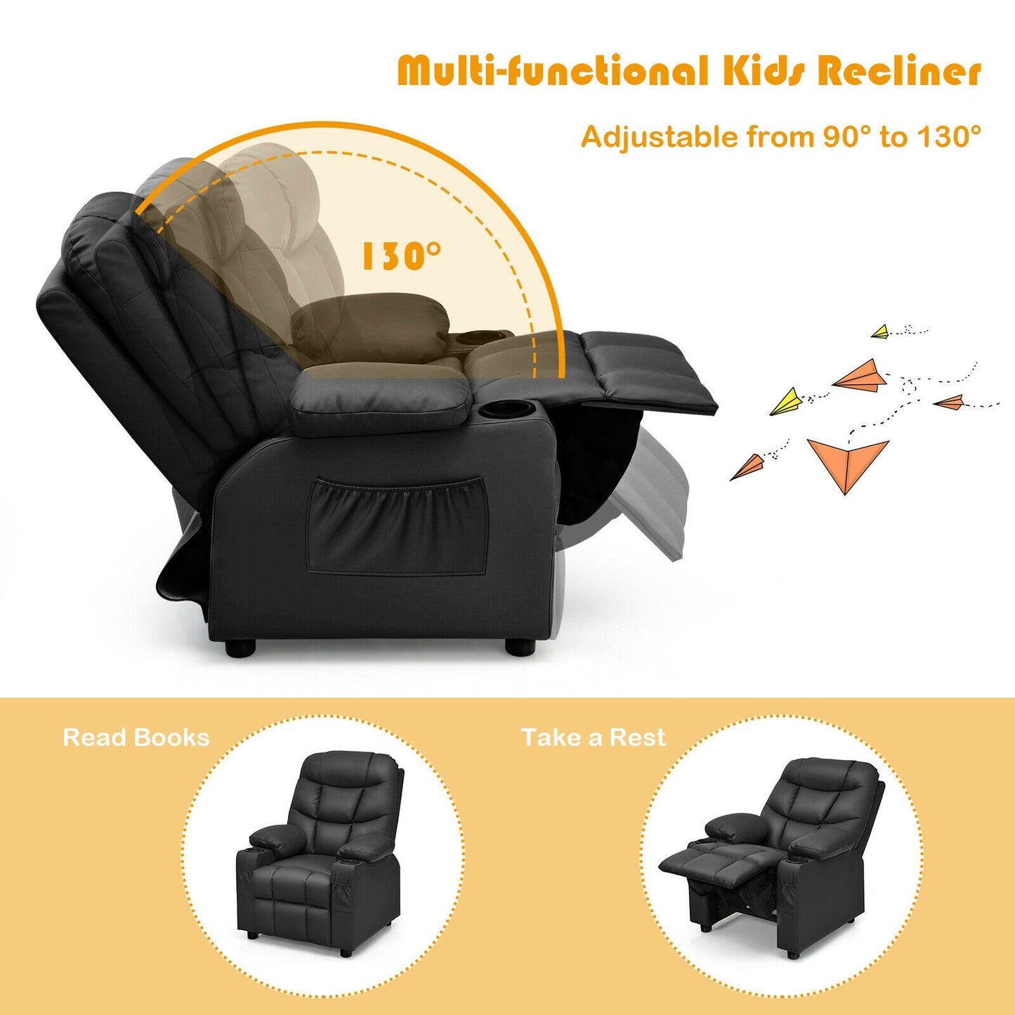 Kids Recliner Chair with Cup Holder and Footrest for Children, Black Kids Chairs & Seating   at Gallery Canada