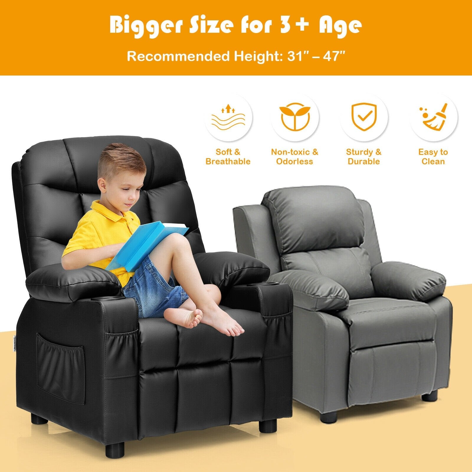 Kids Recliner Chair with Cup Holder and Footrest for Children, Black Kids Chairs & Seating   at Gallery Canada