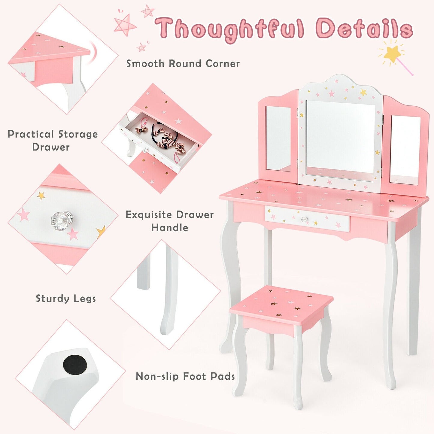 Kids Princess Vanity Table and Stool Set with Tri-folding Mirror and Drawer, Pink Kids Vanities   at Gallery Canada