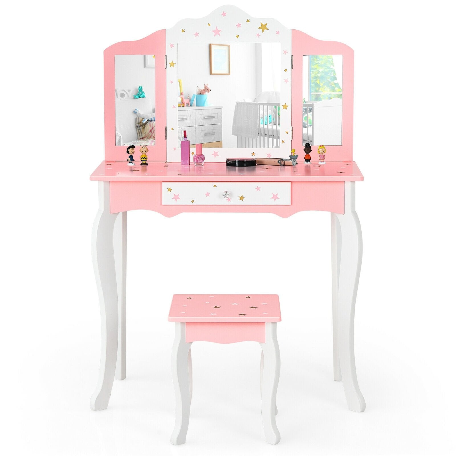 Kids Princess Vanity Table and Stool Set with Tri-folding Mirror and Drawer, Pink Kids Vanities   at Gallery Canada