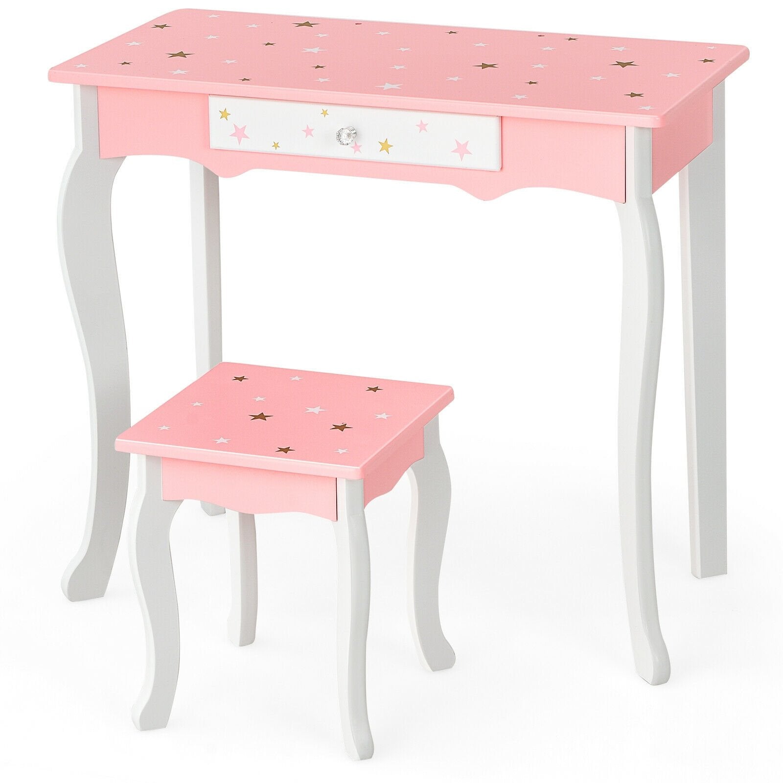 Kids Princess Vanity Table and Stool Set with Tri-folding Mirror and Drawer, Pink Kids Vanities   at Gallery Canada