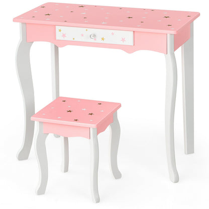 Kids Princess Vanity Table and Stool Set with Tri-folding Mirror and Drawer, Pink Kids Vanities   at Gallery Canada