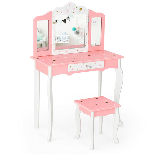 Kids Princess Vanity Table and Stool Set with Tri-folding Mirror and Drawer, Pink