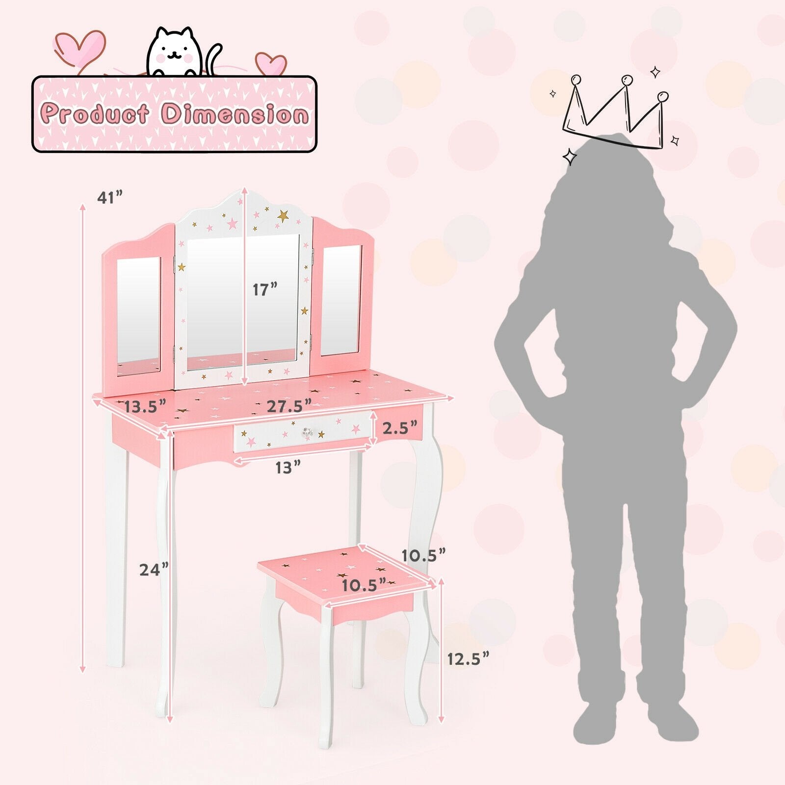 Kids Princess Vanity Table and Stool Set with Tri-folding Mirror and Drawer, Pink Kids Vanities   at Gallery Canada