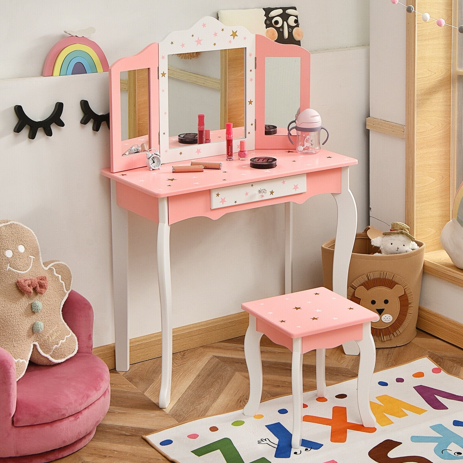 Kids Princess Vanity Table and Stool Set with Tri-folding Mirror and Drawer, Pink Kids Vanities   at Gallery Canada