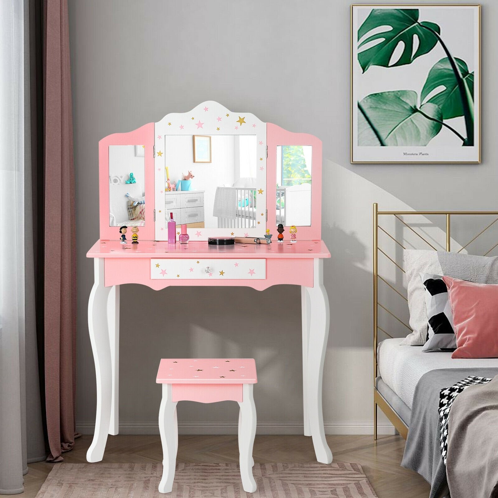 Kids Princess Vanity Table and Stool Set with Tri-folding Mirror and Drawer, Pink Kids Vanities   at Gallery Canada