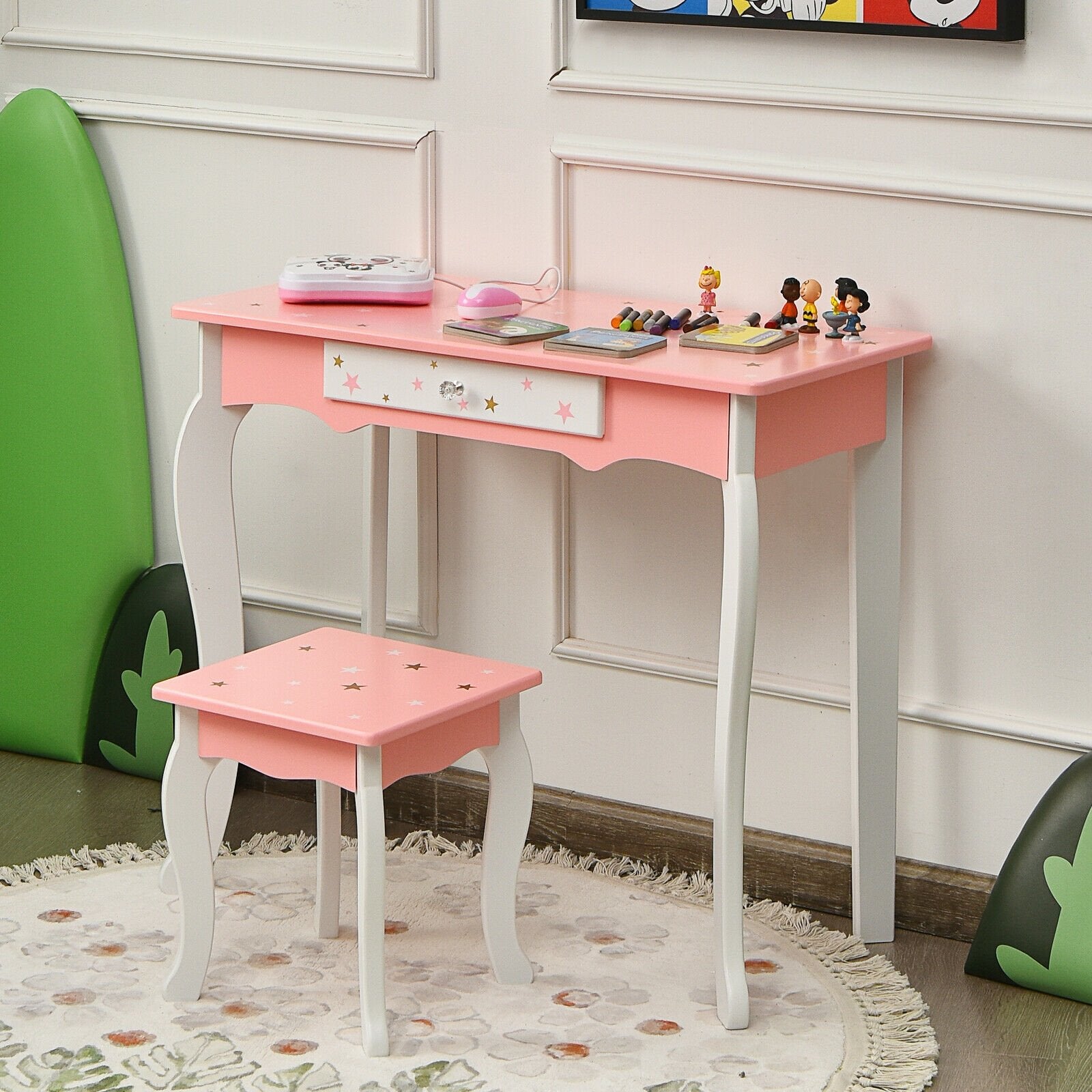 Kids Princess Vanity Table and Stool Set with Tri-folding Mirror and Drawer, Pink Kids Vanities   at Gallery Canada